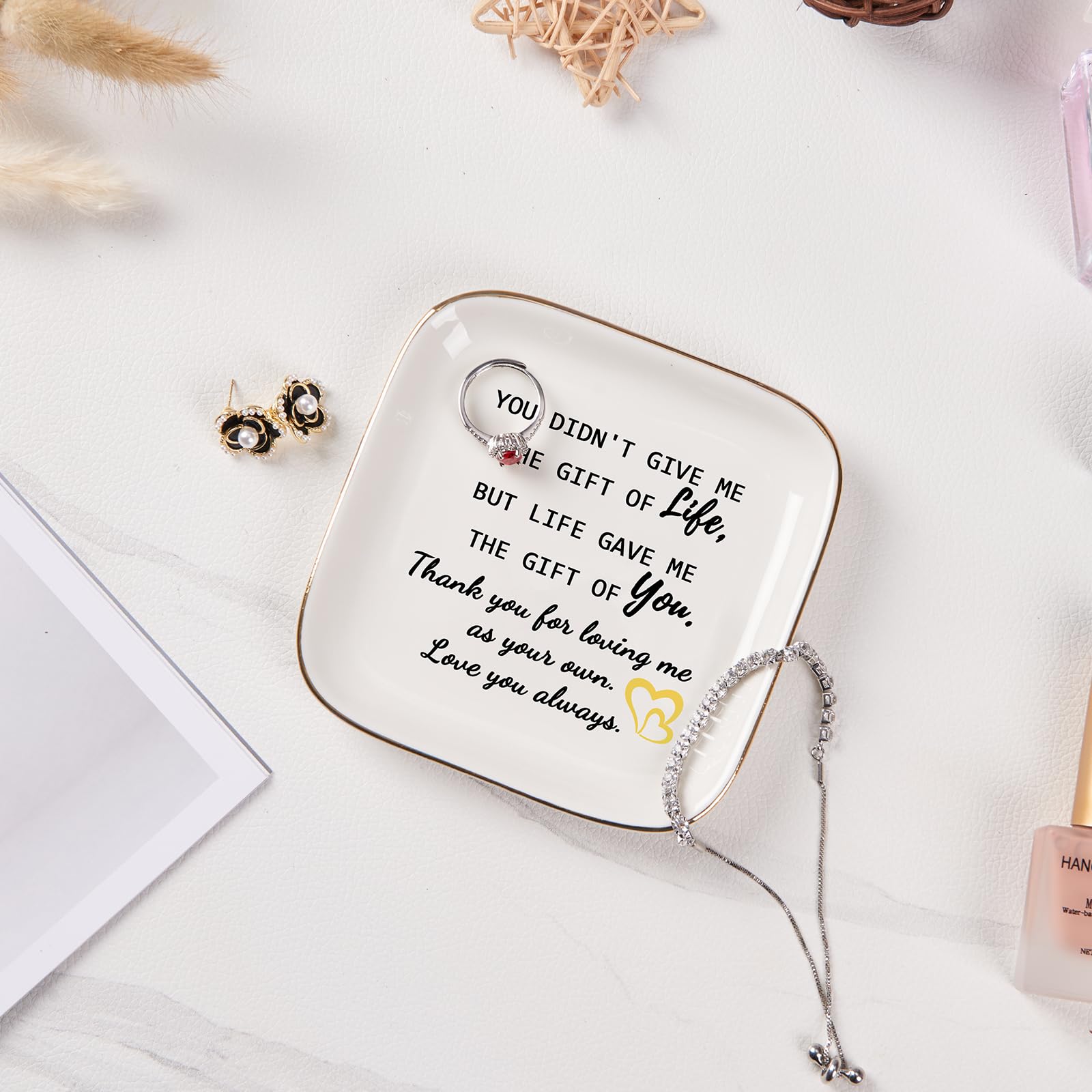PUDDING CABIN Jewelry Dish For Stepmom - Ceramic Trinket Tray With Quote 'Thank You For Loving Me As Your Own', Bonus Mom Gift For Birthday, Christmas, Mother's Day