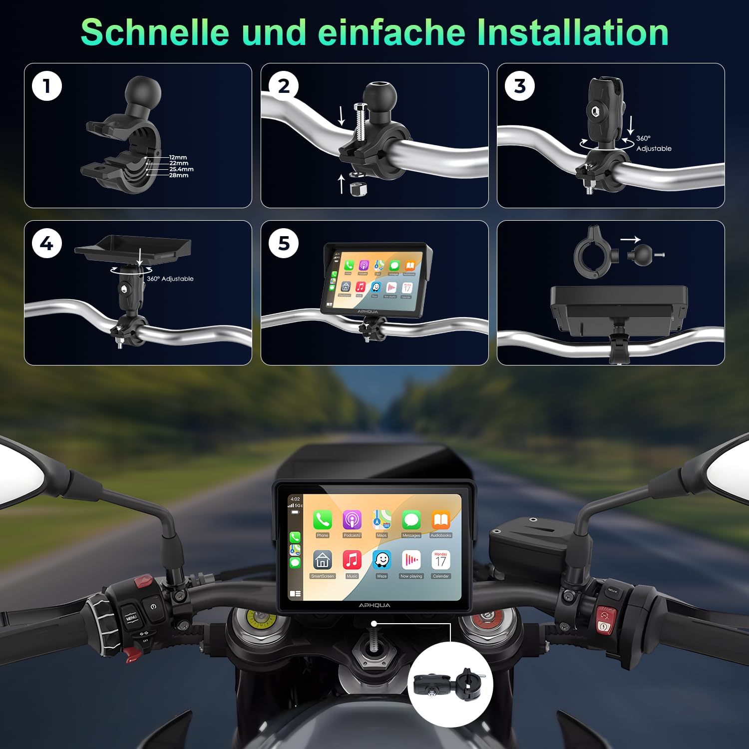 A522 Motorrad CarPlay Display 5 Zoll, Kabelloses Apple CarPlay & Android Auto,IP67 Wasserdichtes Motorrad Navi,Dual Bluetooth,GPS Navigation,Sprachsteuerung,Touchscreen,USB/Acc Stromversorgung