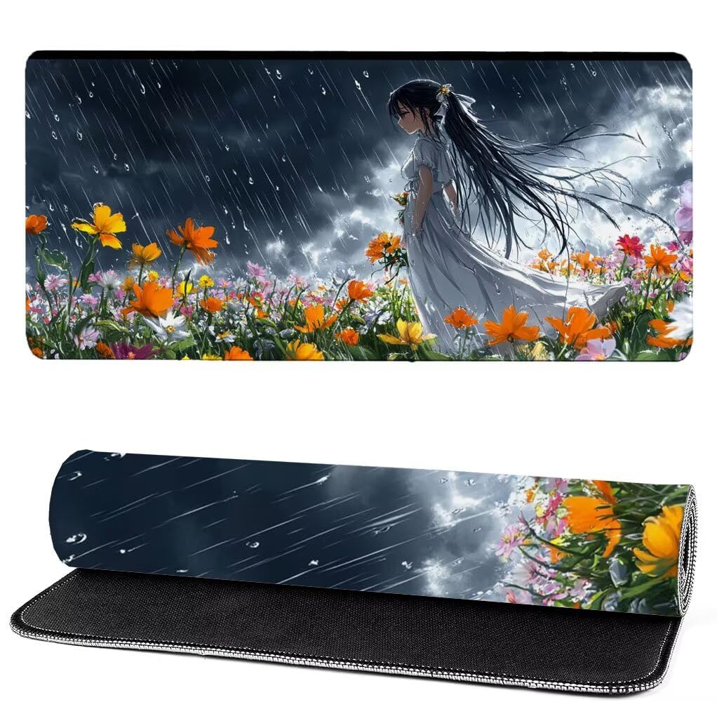 Podkładka pod mysz XXL 1400 x 600 x 3 mm deszcz, podkładka pod mysz do gier dla dziewczyn, poprawa precyzji i szybkości, podkładka pod mysz do gier antypoślizgowa gumowa podstawa, dekoracja biurka MM