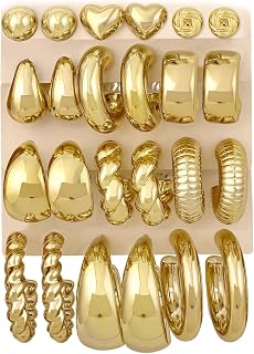 12 Pairs Chunky Gold Hoop Earrings for Women - Trendy Gold Plated Hypoallergenic Huggie Hoops Set, Lightweight Stackable Twisted Hoops