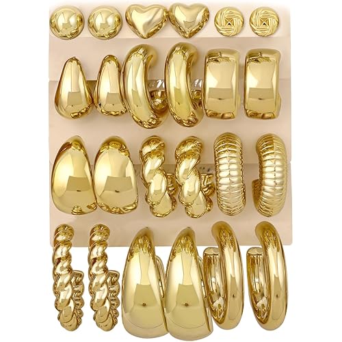 12 Pairs Chunky Gold Hoop Earrings for Women Trendy, Gold Plated Lightweight Hypoallergenic Stack, Thick Open Twisted Huggie Hoops Earring Set