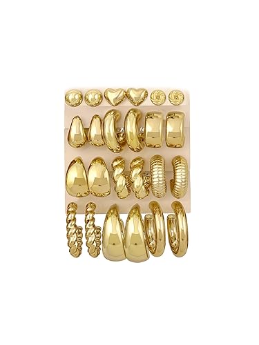 12 Pairs Chunky Gold Hoop Earrings for Women Trendy, Gold