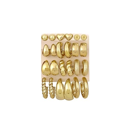 12 Pairs Chunky Gold Hoop Earrings for Women Trendy, Gold Plated Lightweight Hypoallergenic Stack, Thick Open Twisted Huggie Hoops Earring Set