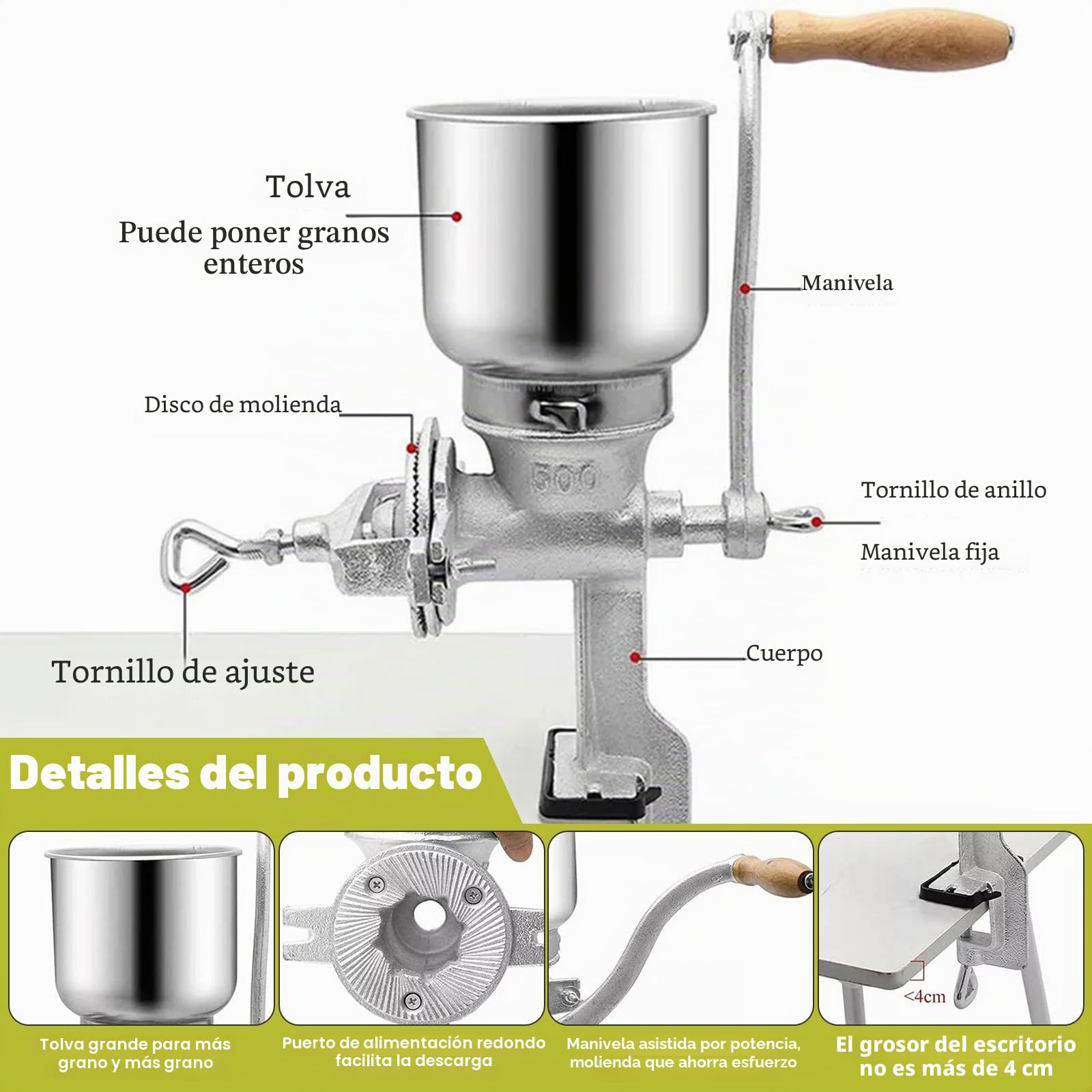 Molinillo de Cereales Manual con 13cm Tolva Grande & 4cm Abrazadera de Mesa,Finura de Molienda Ajustable,Molino de Mano de Hierro Fundido,para Nuez,Café,Grano,Semillas,Maíz,Especias