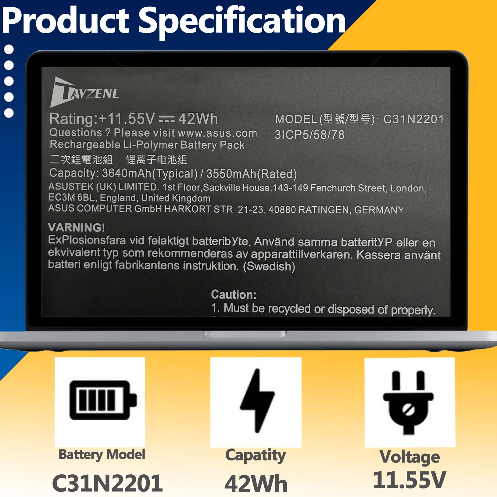 C31N2201 42Wh Laptop Battery Replacement for Asus Vivobook 15 16 X1504VA F1605PA Go 15 E1504FA Vivobook 14 14X 15X 16 16X OLED X1403VA Vivobook S 16 Flip TN3604YA Series 11.55V