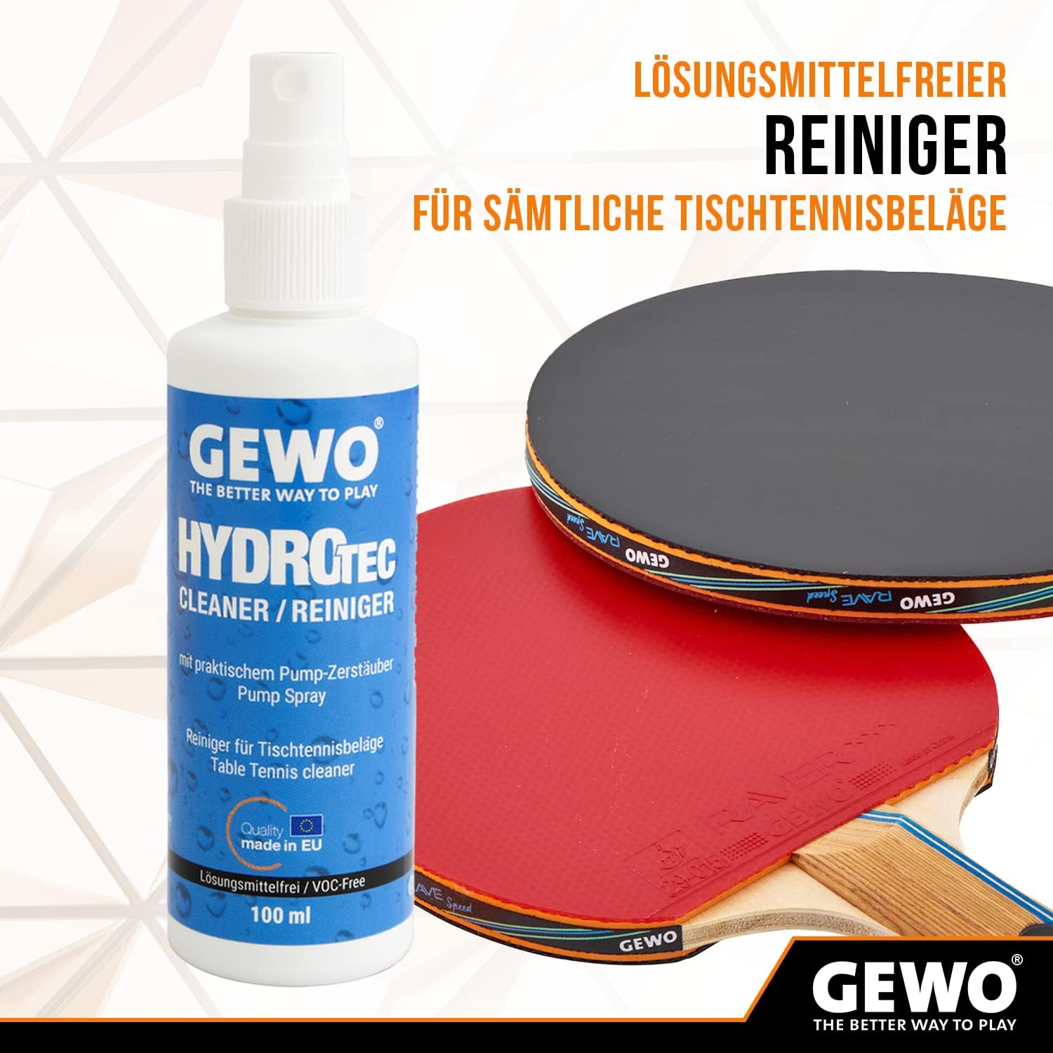 Gewo HydroTec Kit de Nettoyage pour Tennis de Table, Spray Grip avec éponge de Nettoyage absorbante, nettoyant sans solvant pour revêtements de Tennis de Table 100 ML, préserve l'adhérence des