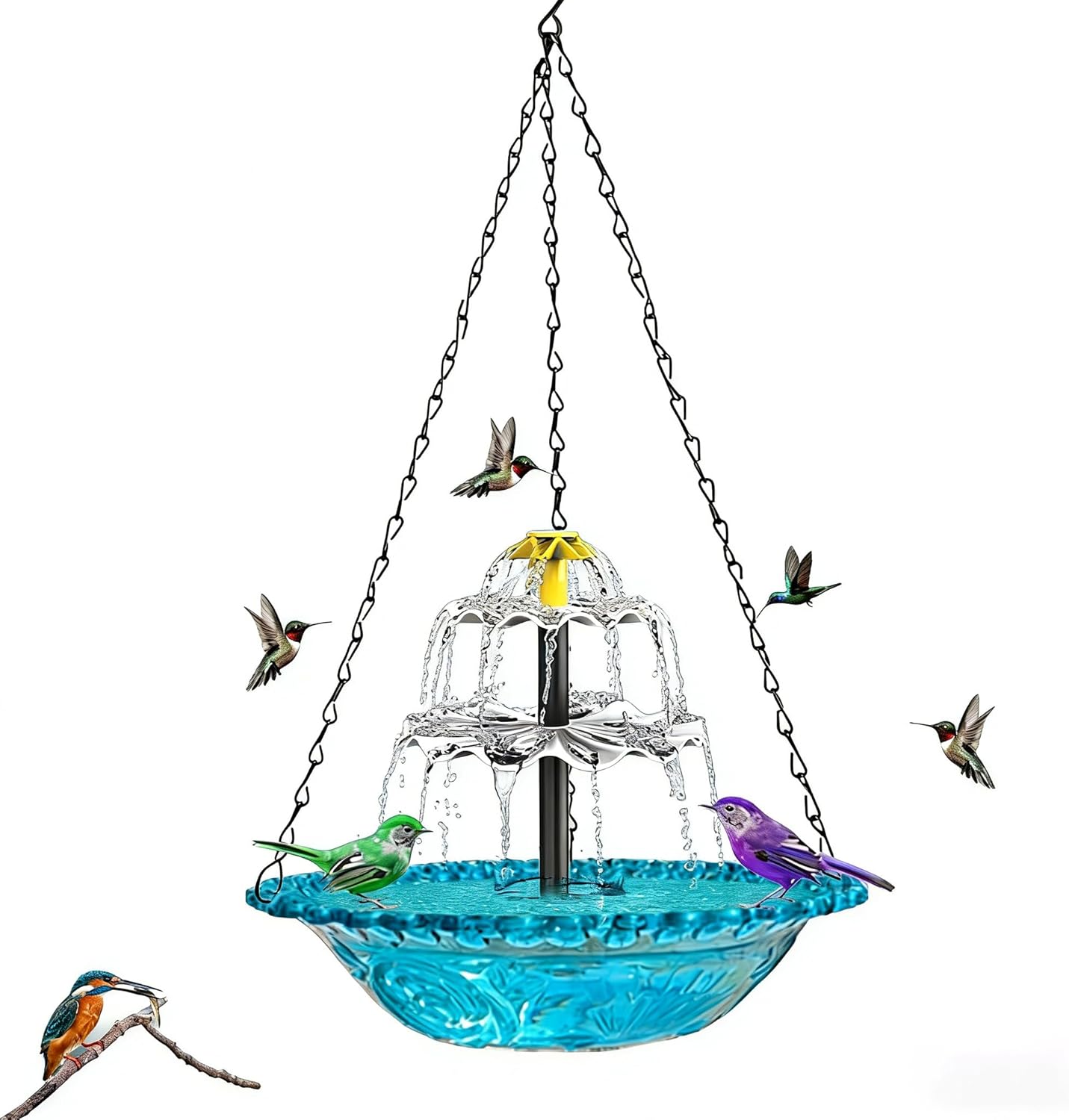 Solar-Powered Hanging Water Fountain, Solar-Powered Hanging Bird Bath with Continuous Water Circulation, Hanging Bird Bath with Solar Fountain—Decorative Outdoor Feature for Gardens, Yards, (1, Blue)