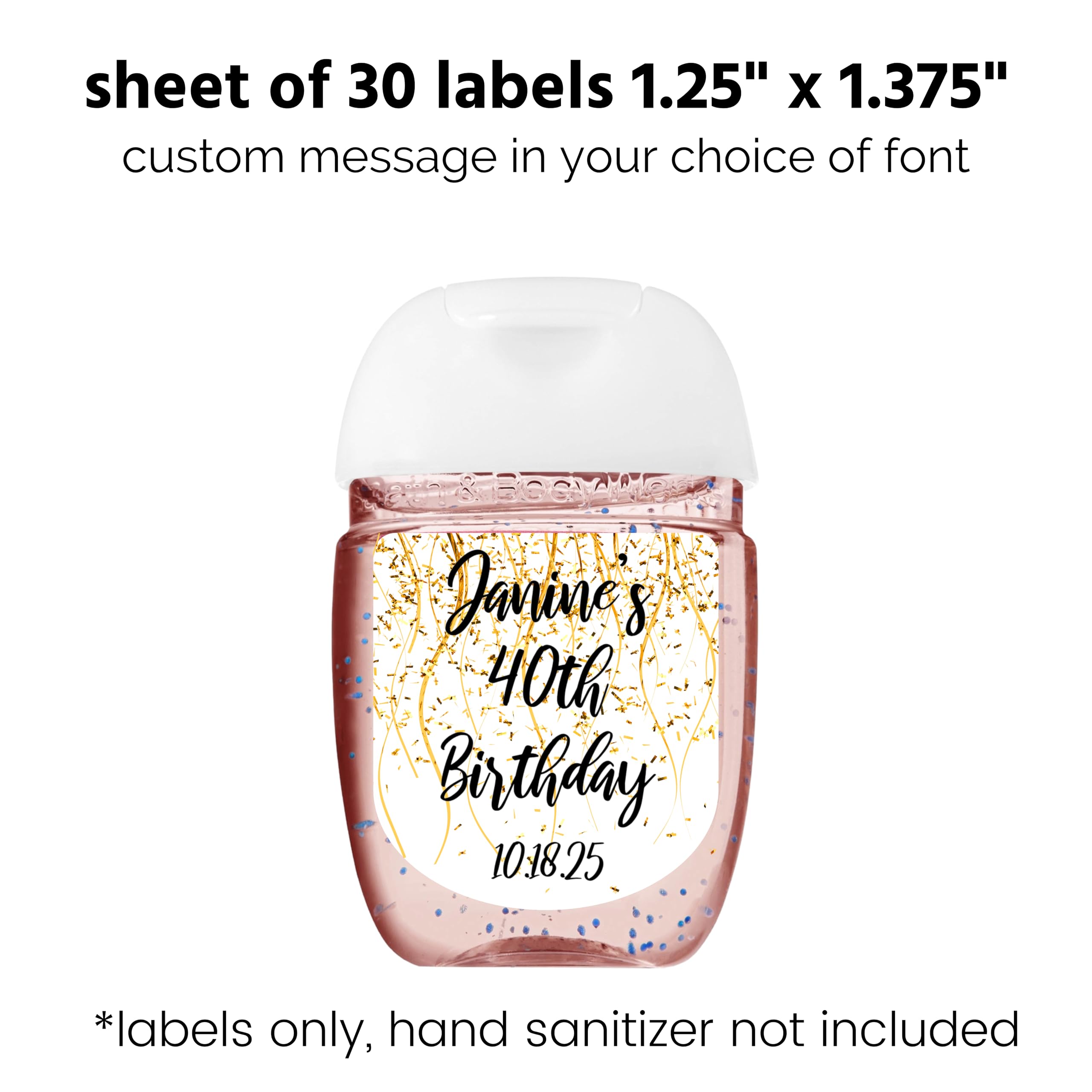 30 Custom Hand Sanitizer Labels | Party Favor Stickers (Gold Confetti)
