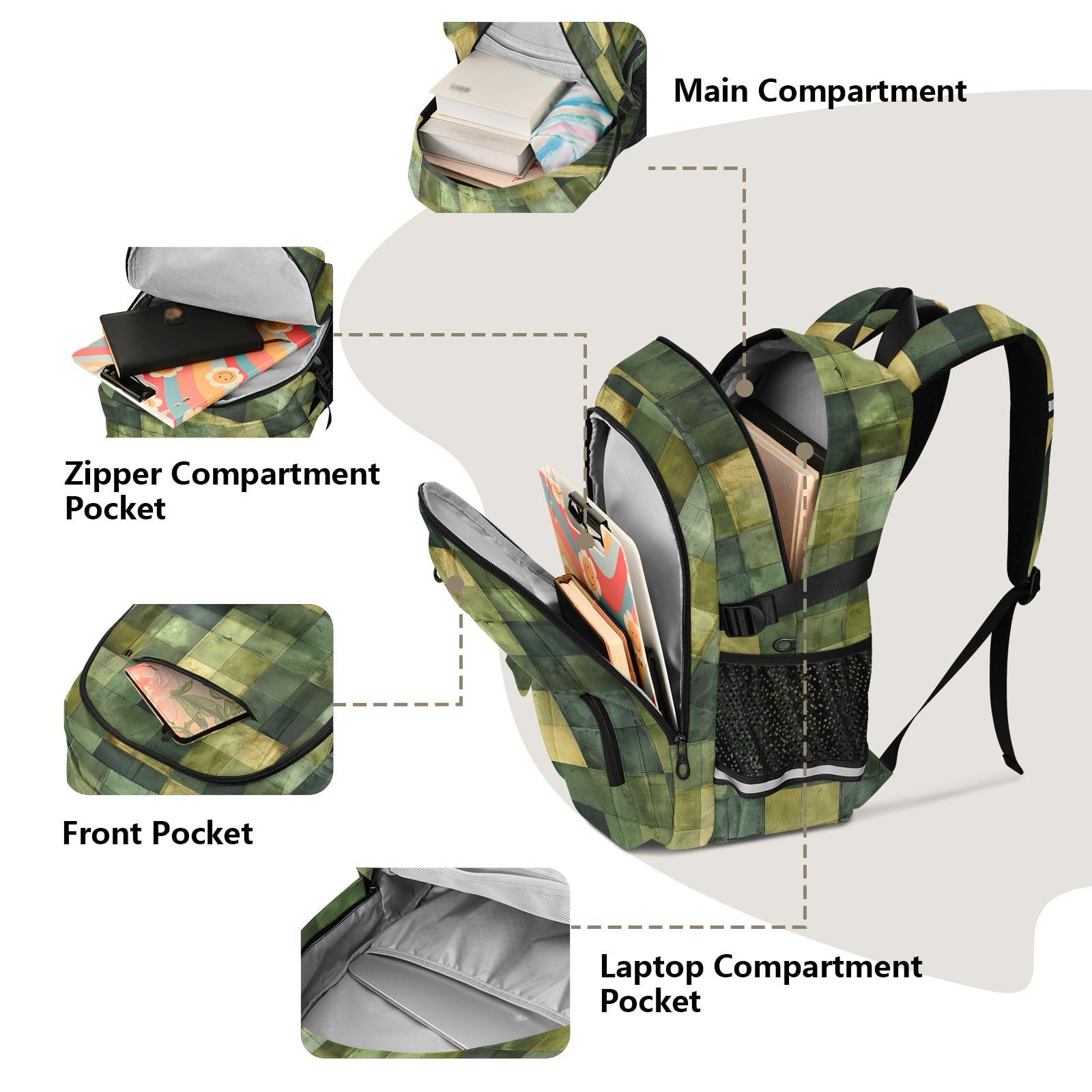 KLL Mochilas de viaje para mujer, diseño de cuadros verdes musgo