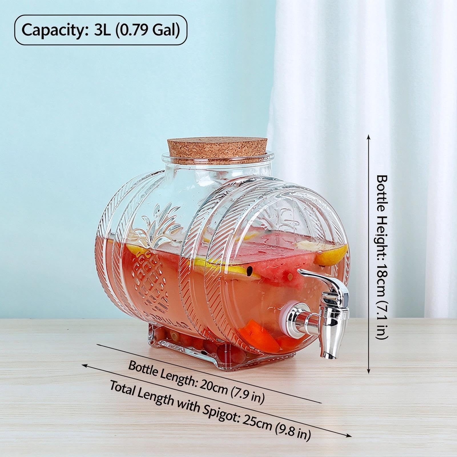 Dispenser per bevande in vetro goffrato con supporto in bambù