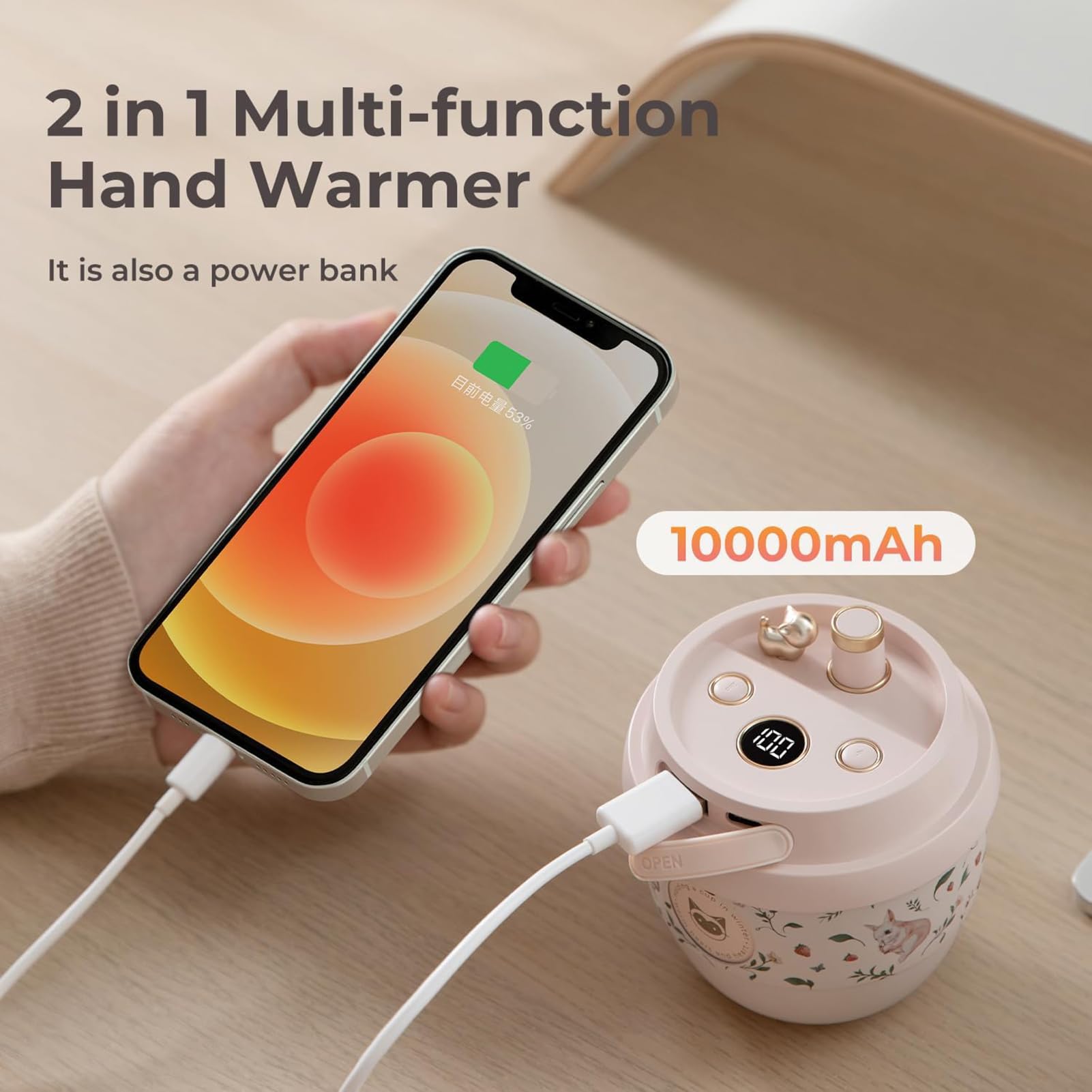 Ogrzewacze do rąk 2 w 1, ładowane, 10000 mAh, elektryczny ogrzewacz do rąk, przenośna ładowarka, 3 poziomy ciepła i inteligentny pomiar czasu, idealny na zewnątrz, prezent zimowy, niebieski