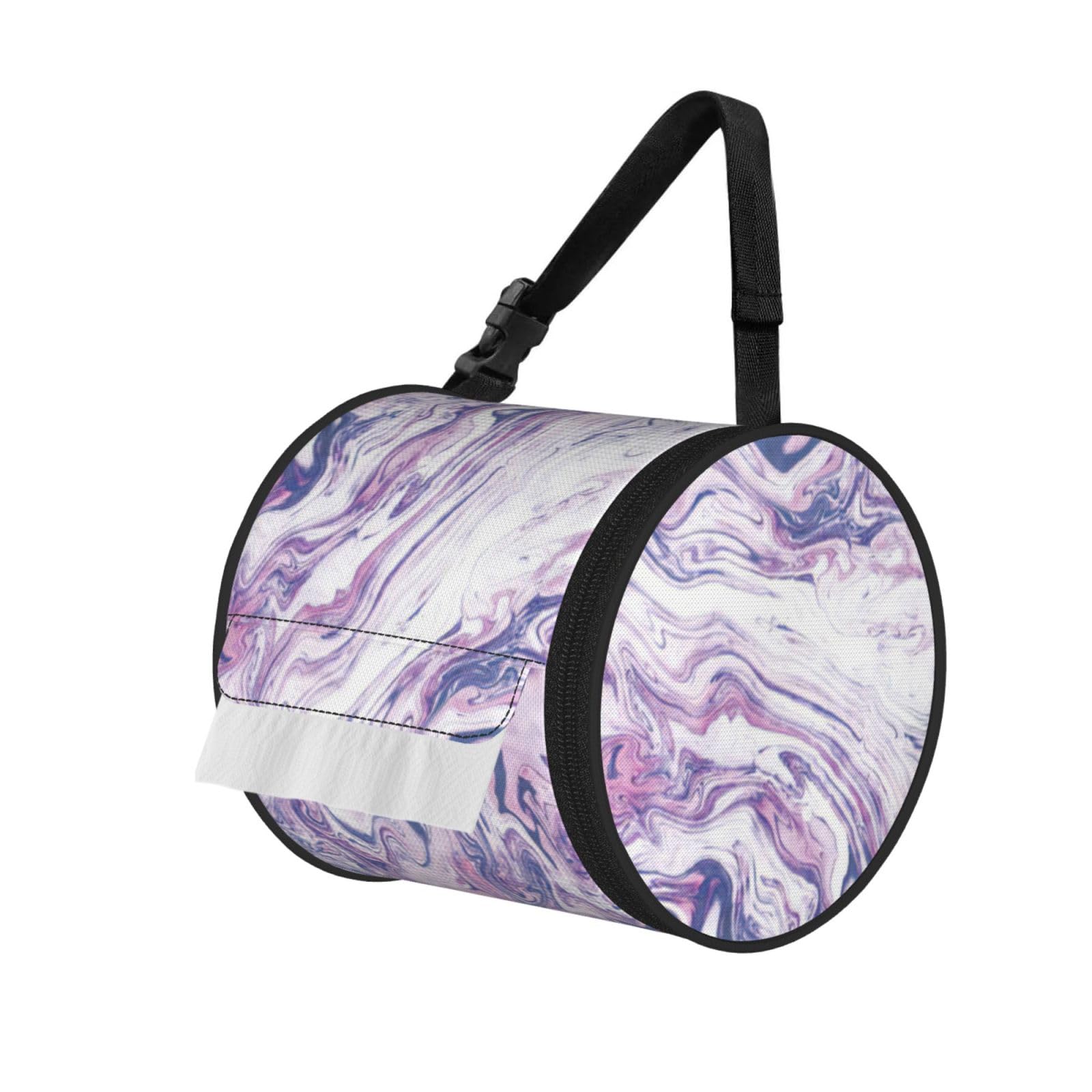 Dark Purple Texture Marble Print Round Tissue Dispenser Bag With Carry Strap, Portable Roll Holder For Car Travel Home