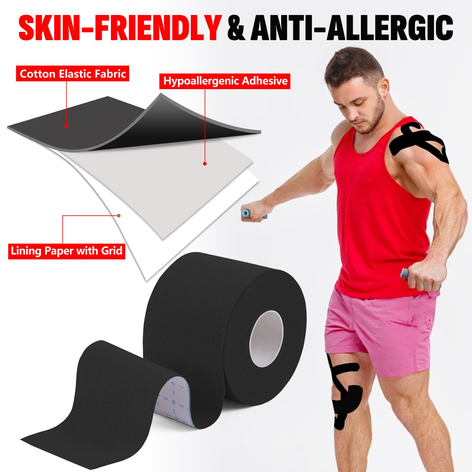 16 Rolls Kinesiology Tape, 2 inch x 16.4 Feet Waterproof Athletic Tape, Uncut Kinetic Tape, Elastic Muscle Tape, Sports Tape, Knee Tape for Exercise and Daily Use - Black