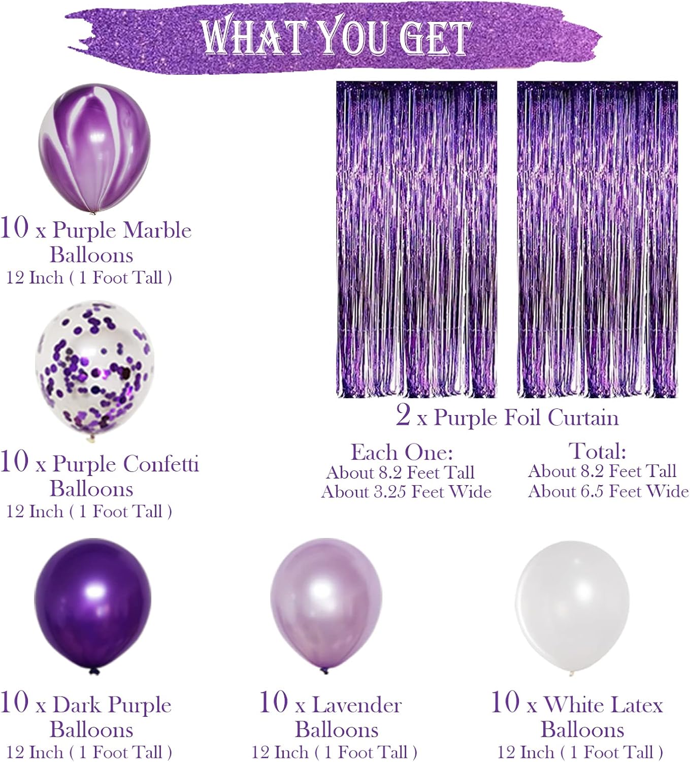 Purple and White Party Decorations Kit with Foil Curtain and Balloons