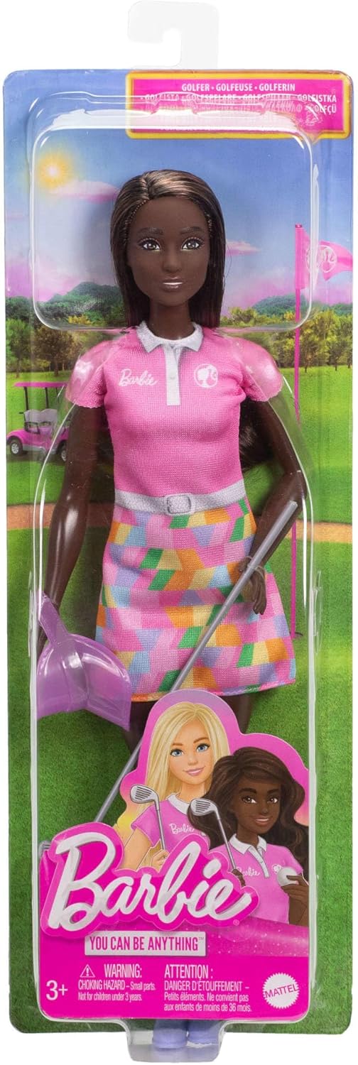 Barbie Golf Player, Brunette, Fashion Doll in Pink Golf Outfit, A Dress That Can Be Off with Sun Visor and Golf Club, JCR69
