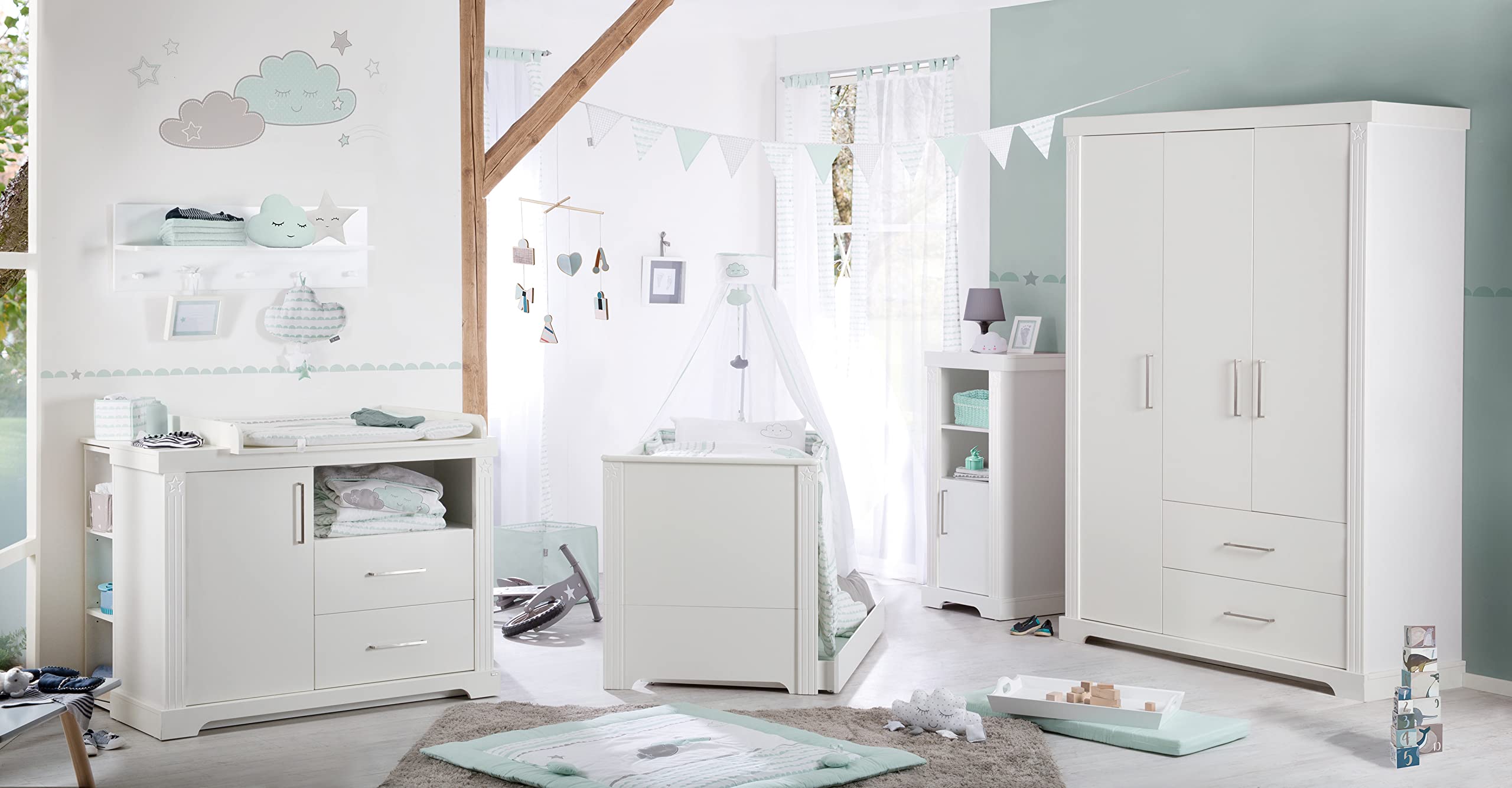 Set di mobili Maxi letto combinato 70 x 140 cm cassettiera avvolgente armadio 3 ante bianco