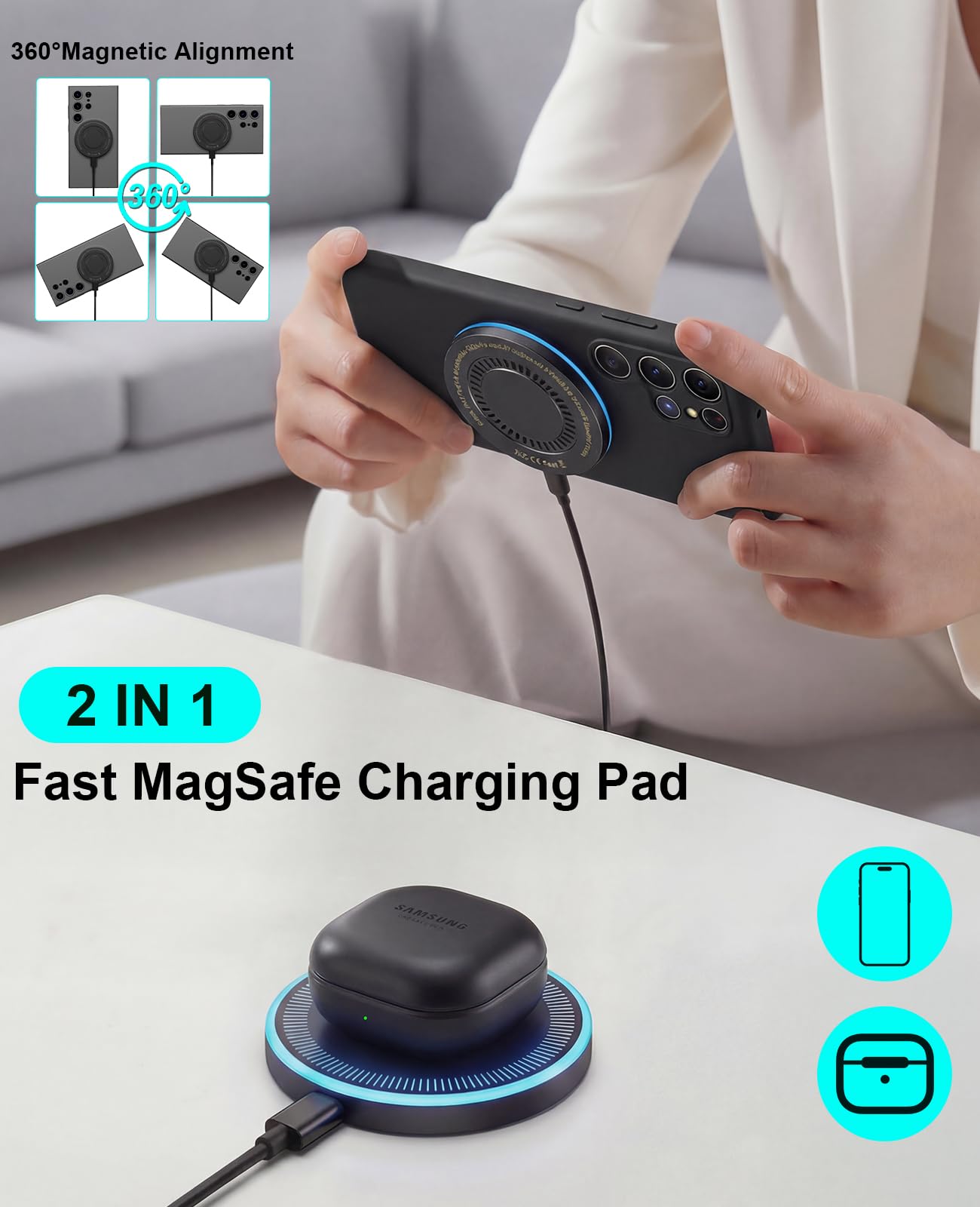Cargador inalámbrico Samsung magnético de 6 pies, Almohadilla de Carga rápida con Puertos USB-C/A para Samsung Galaxy S26 S25 Ultra/S24 FE/S23 Ultra/S22/S21/Z Google Pixel 9-7, tecnología de imán