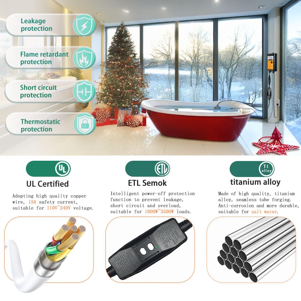 2000W Titanium Immersion Water Heater for Pool and Hot Tub, with Gfci Plug/Thermostat for Bathtub, Inflatable Hot Tub, Small Above Ground Pools, Baptistry, Baptismal Pool Heater