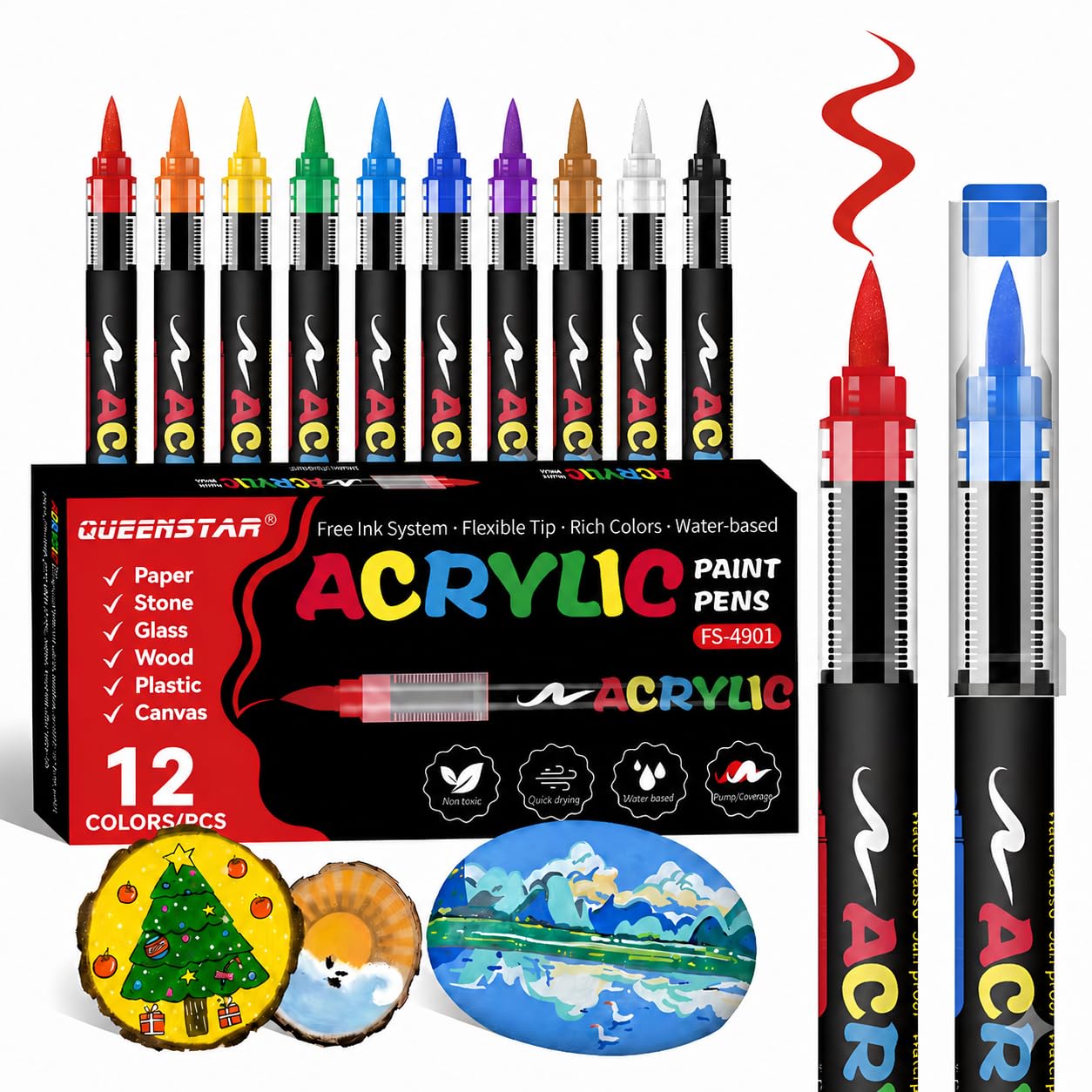 Acrylic Paint Markers Brush Tip, Vivid Colors with Direct-Liquid Ink System, Professional-Grade Paint Pen for Rock Painting, Canvas, Glass, Plastic, Fabric & Creative Crafts (12 Pieces)