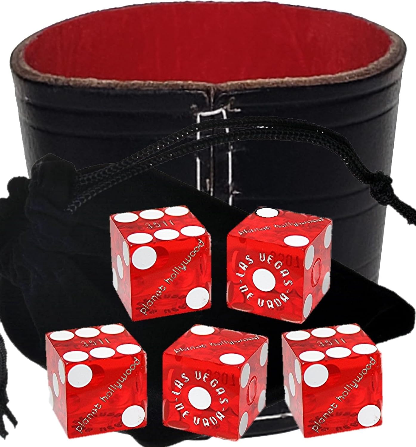Genuine Leather Wide Opening Dice Cup Black with Red Lining + Authentic Casino Dice with Pouch (Planet Hollywood - Red Polished)