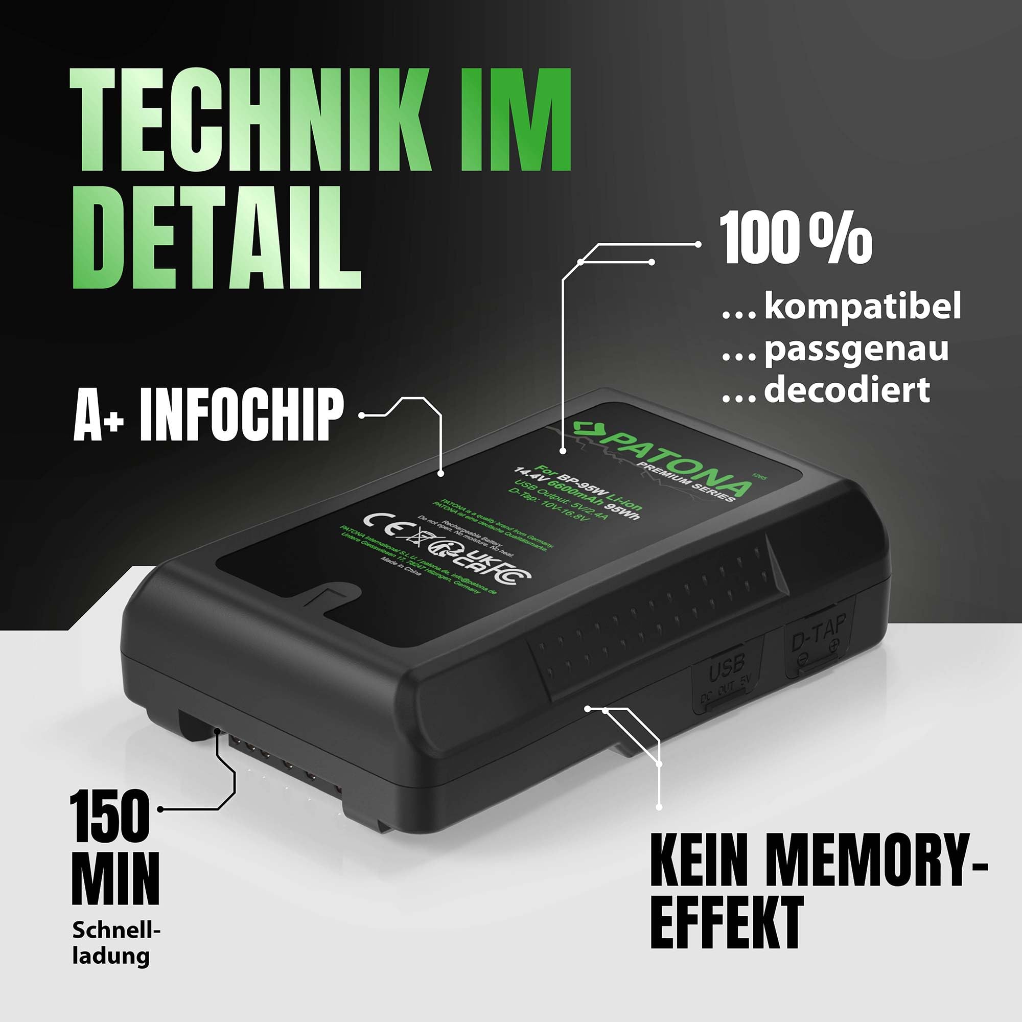 PATONA Premium BP-95W V-Mount Akku 6600mAh 95Wh 14,4V mit D-Tap & USB-Ausgang – für Sony Broadcast DSR-250P 600P 650P 652P, HDW-800P, PDW-850 – Dauerstrom für Drehs mit LED-Ladeanzeige