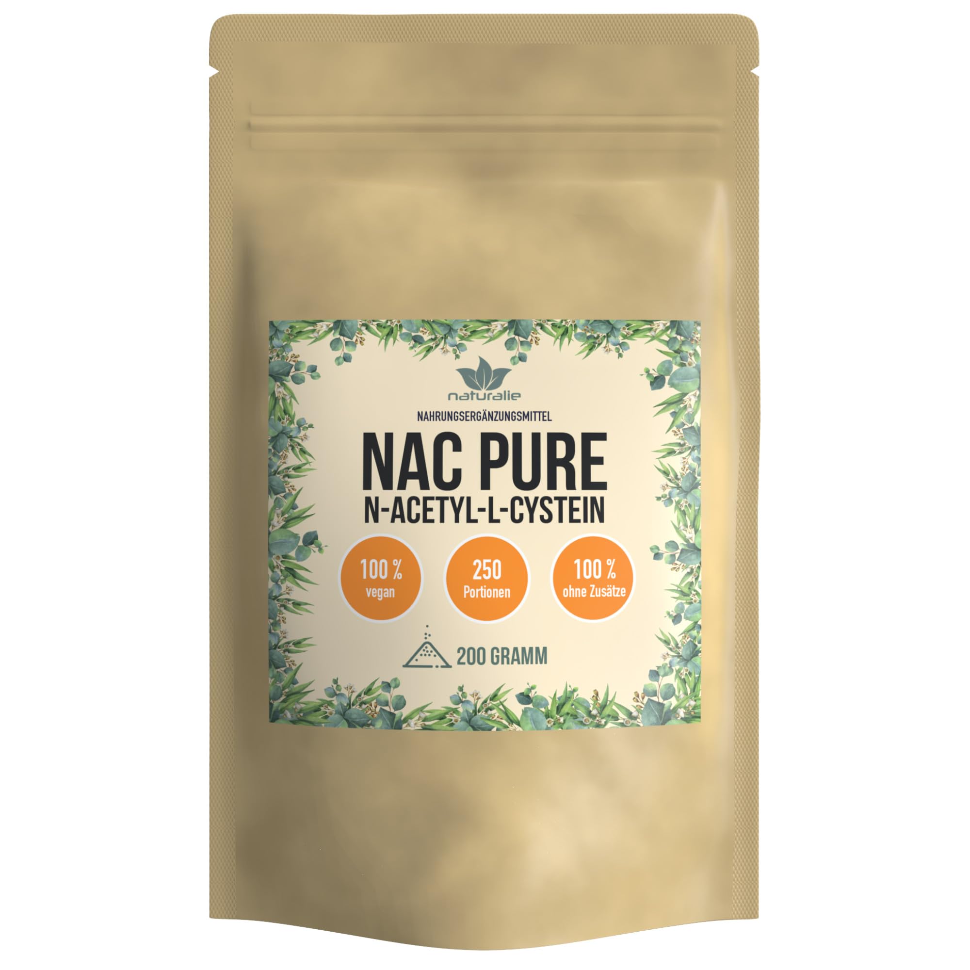 naturalie® | Poudre N-acétyl-L-cystéine (NAC) | 200 g dans un sac bio | Fermentation de maïs de haute pureté | 100 % poudre de NAC sans additifs | Végétalien