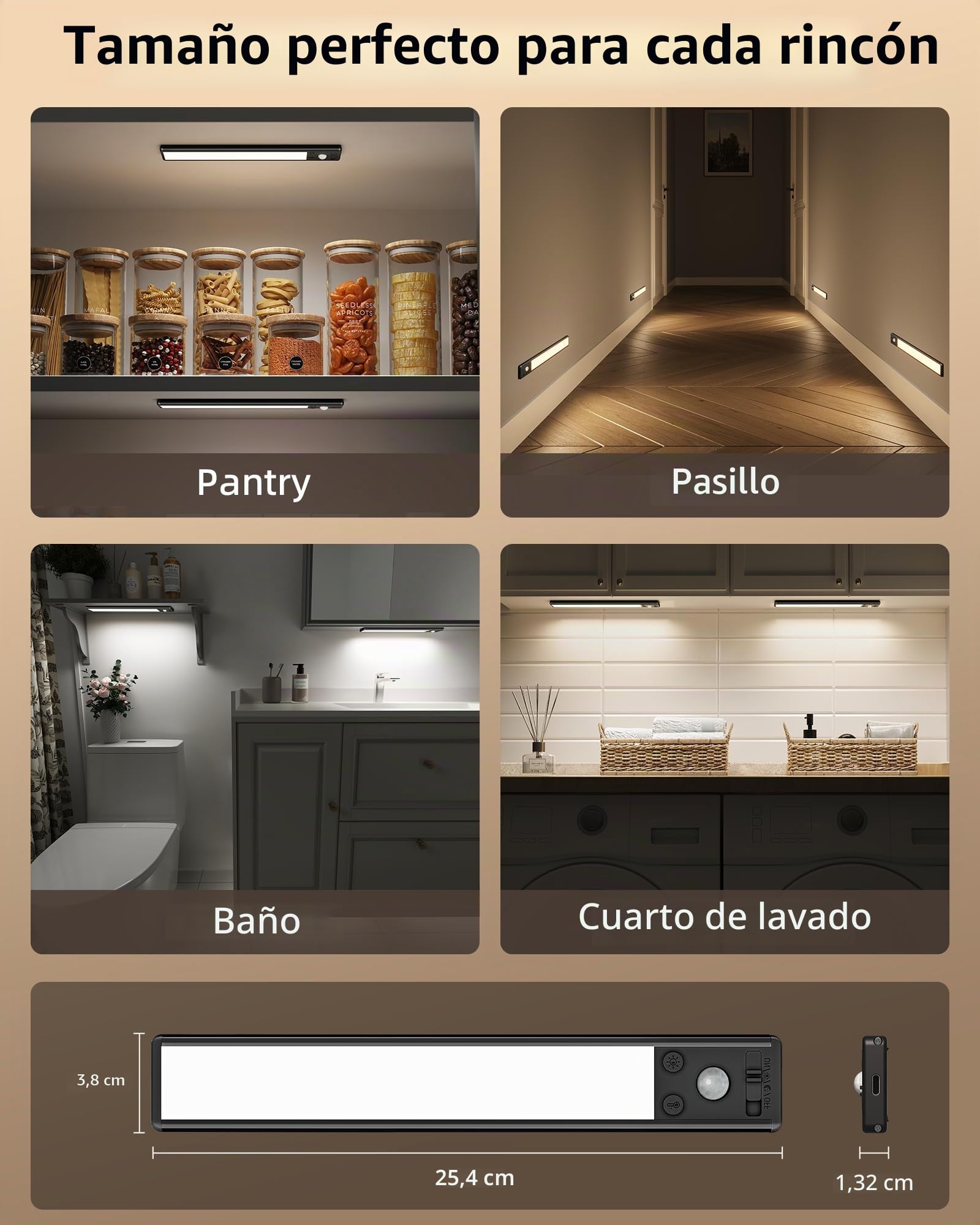 EZVALO 25 cm (2 Piezas) Luz LED para Armario con Sensor de Movimiento, 3 Temperaturas de Color, 1900 mAh Recargable, Luces LED Magnéticas para Bajo Mueble de Cocina, Dormitorio y Pasillo (Negro)