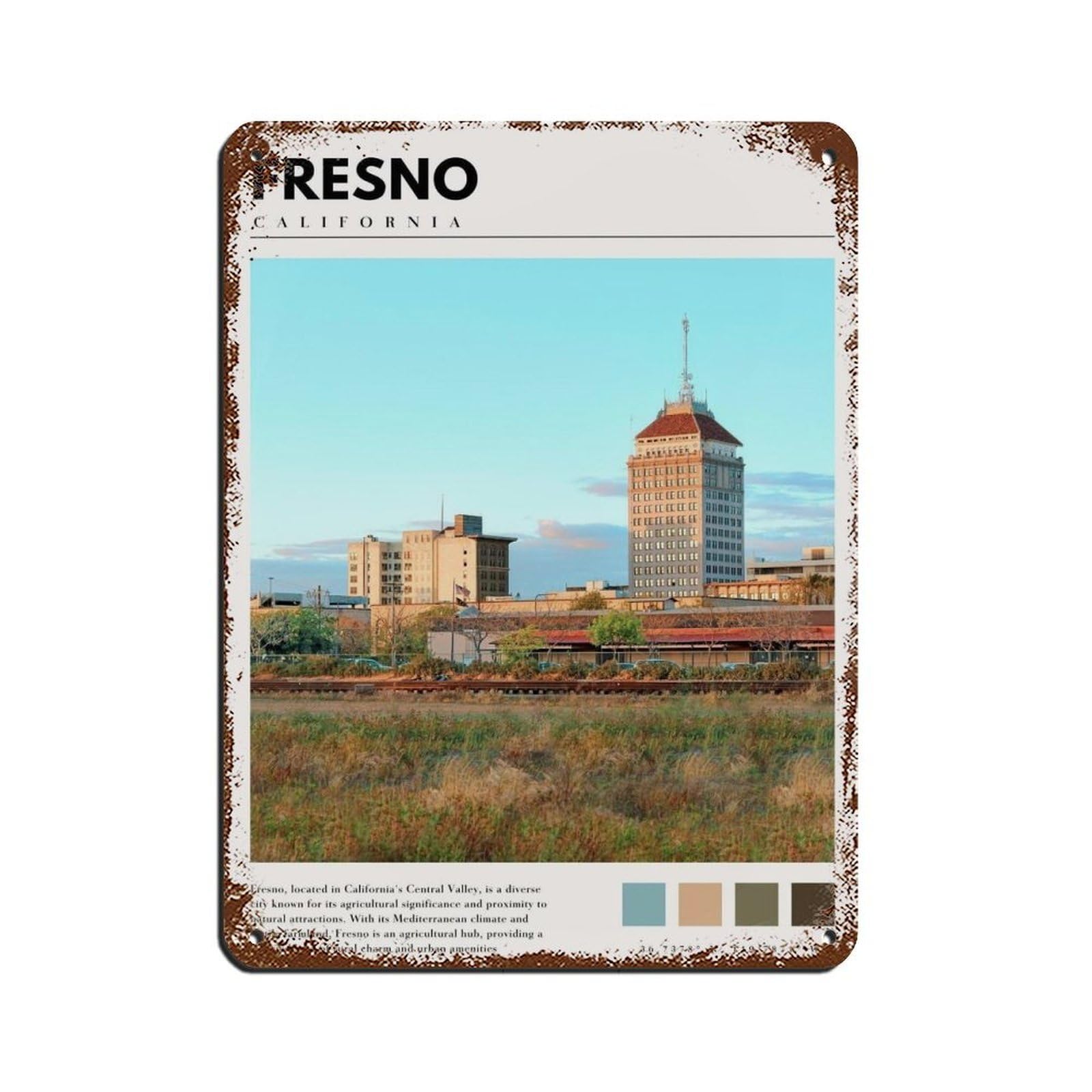 Fresno California Poster Fresno City Art Retro Poster Metal Tin Sign Chic Art Retro Iron Painting Bar People Cave Cafe Family Garage Poster Wall Decoration 12x16inch(30x40cm)