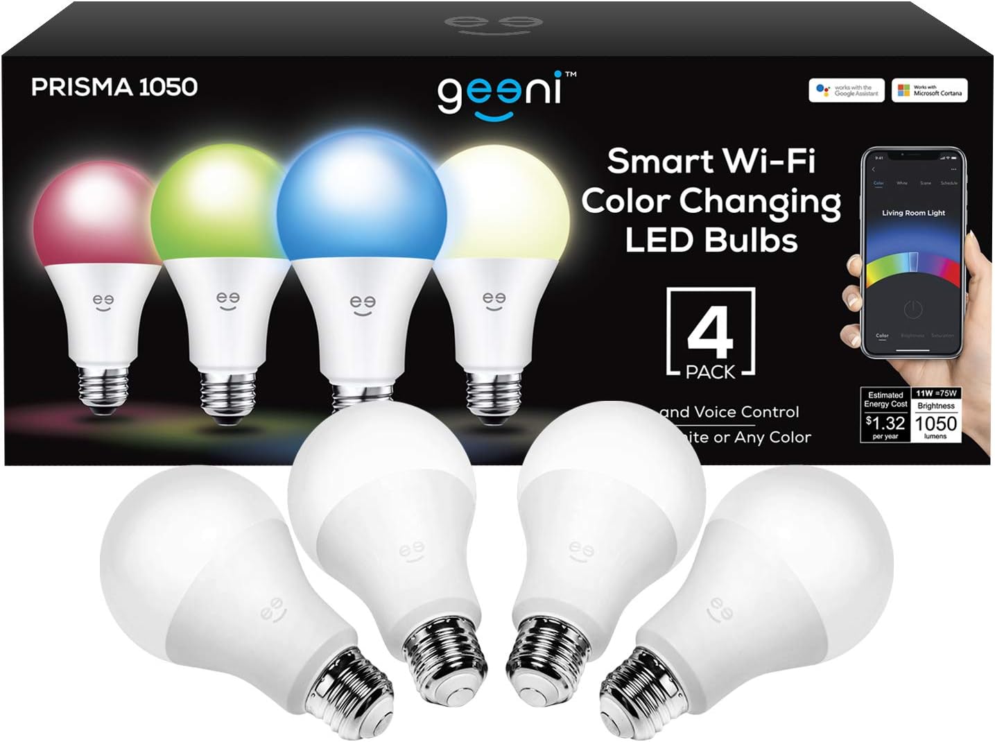 Geeni Prisma 1050 Lumens A21 Wi-Fi Multicolor Light Bulbs (2700K), 4-Pack – Dimmable LED Bulbs, 75-Watt Equivalent – No Hub Required – Works with Amazon Alexa, Hey Google