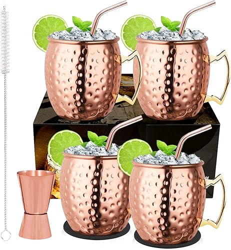 Moscow Mule - Juego de 4 tazas de cobre con pajitas, jigger, posavasos y cepillo de pajita para fiesta, bar, forro de acero inoxidable, juego de