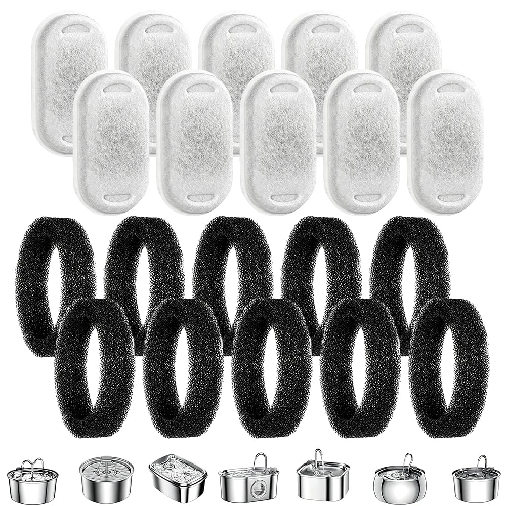 20 PCS Cat Water Fountain Filters, 10 Pack Replacement Pet Water Fountain Filters with 10 Sponges Activated Carbon Filter Universal Foam Filter for 3.2L/2L Cat Water Fountains