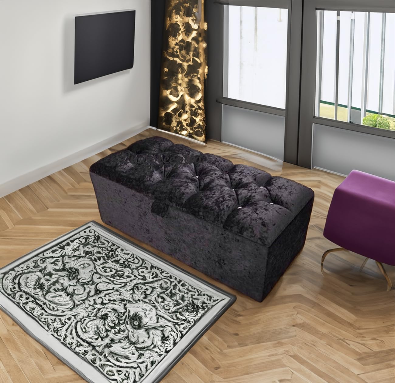 Tufted Buttons Storage Ottoman Box, 76 cm, Plush Fabric, Chest with Lid, Comfy Bench (GT Grey, Medium)