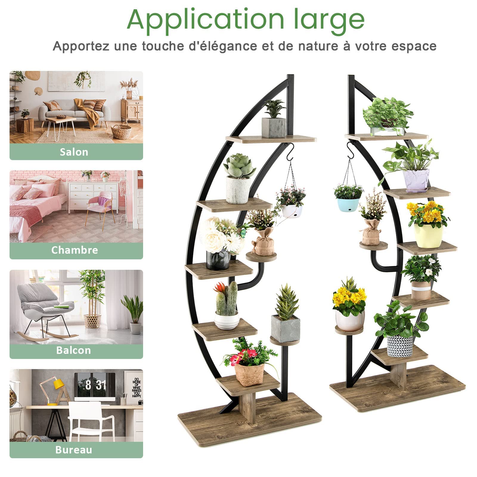 RELAX4LIFE Estantería para Plantas de 5 Niveles con Marco de Hierro y Gancho, Soporte Plantas Interior de Forma Media Luna para Salón, Balcón, Carga 20kg por Tabla, 60x30x155cm (Natural-2 Piezas)