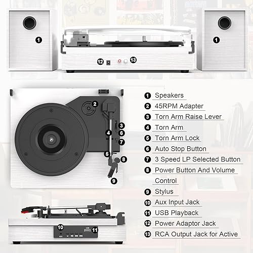 Miniatura 5 de Reproductor de discos de vinilo con dos altavoces estéreo, tocadiscos de reproducción Bluetooth con entrada de auriculares AUX de 3 velocidades y