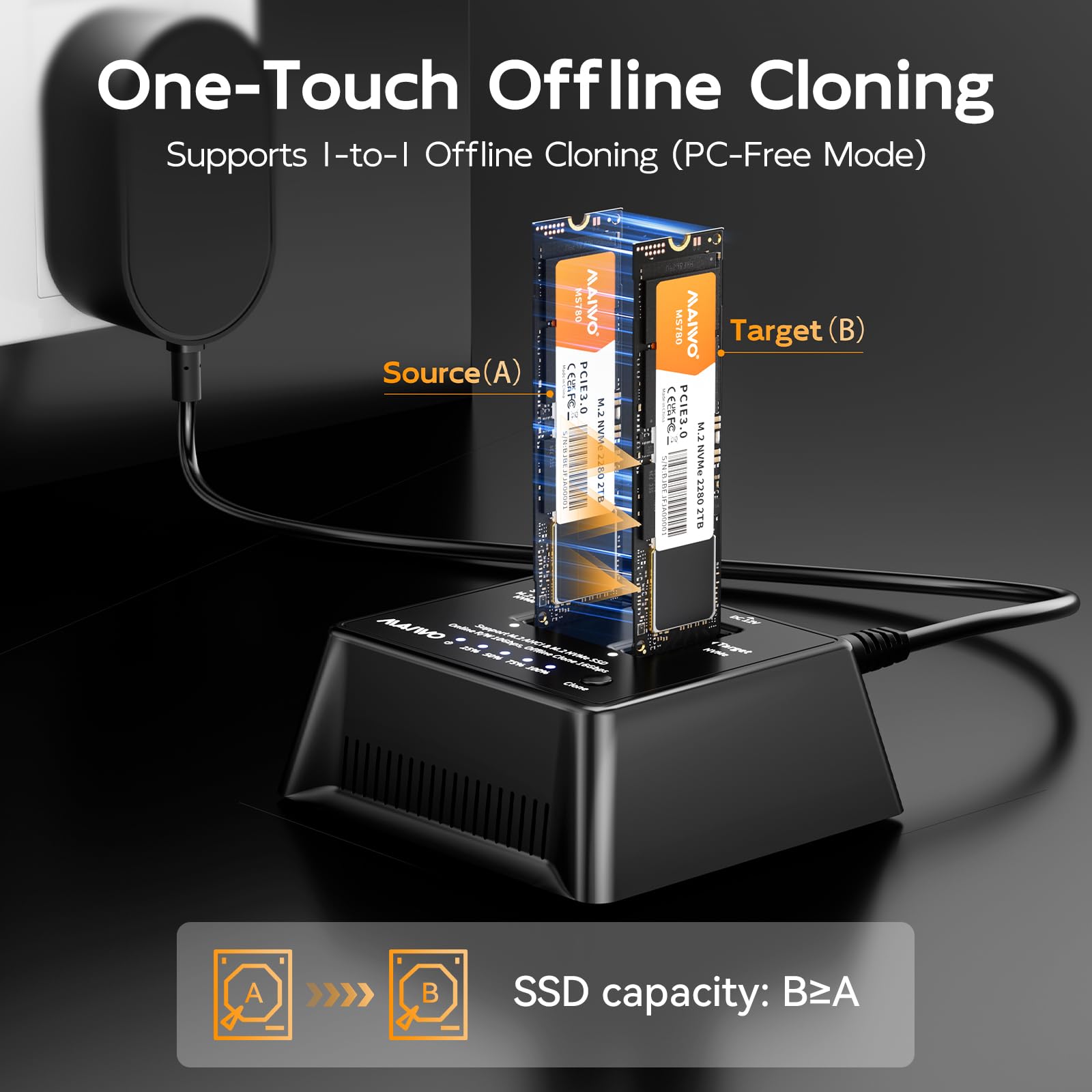 NVME M.2 SSD Cloner, M.2 SSD DUPLICATOR Offline Clone 16 Gb/s ~ 20 Gb/s USB 3.2 Gen 2, podwójna obudowa NVMe obsługuje do 16 TB dla M.2 SSD 2230/2242/2260/2280/22110