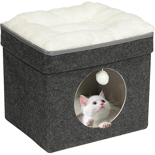 B FSOBEIIALEO Cat House Cube for Indoor Folding Cats Houses Condos Cat Cave, Stackable Cat Condo for Kitten, with Removable Soft Sleeping Bed and Fluffy Ball, Felt 15.7"(Dark Grey)