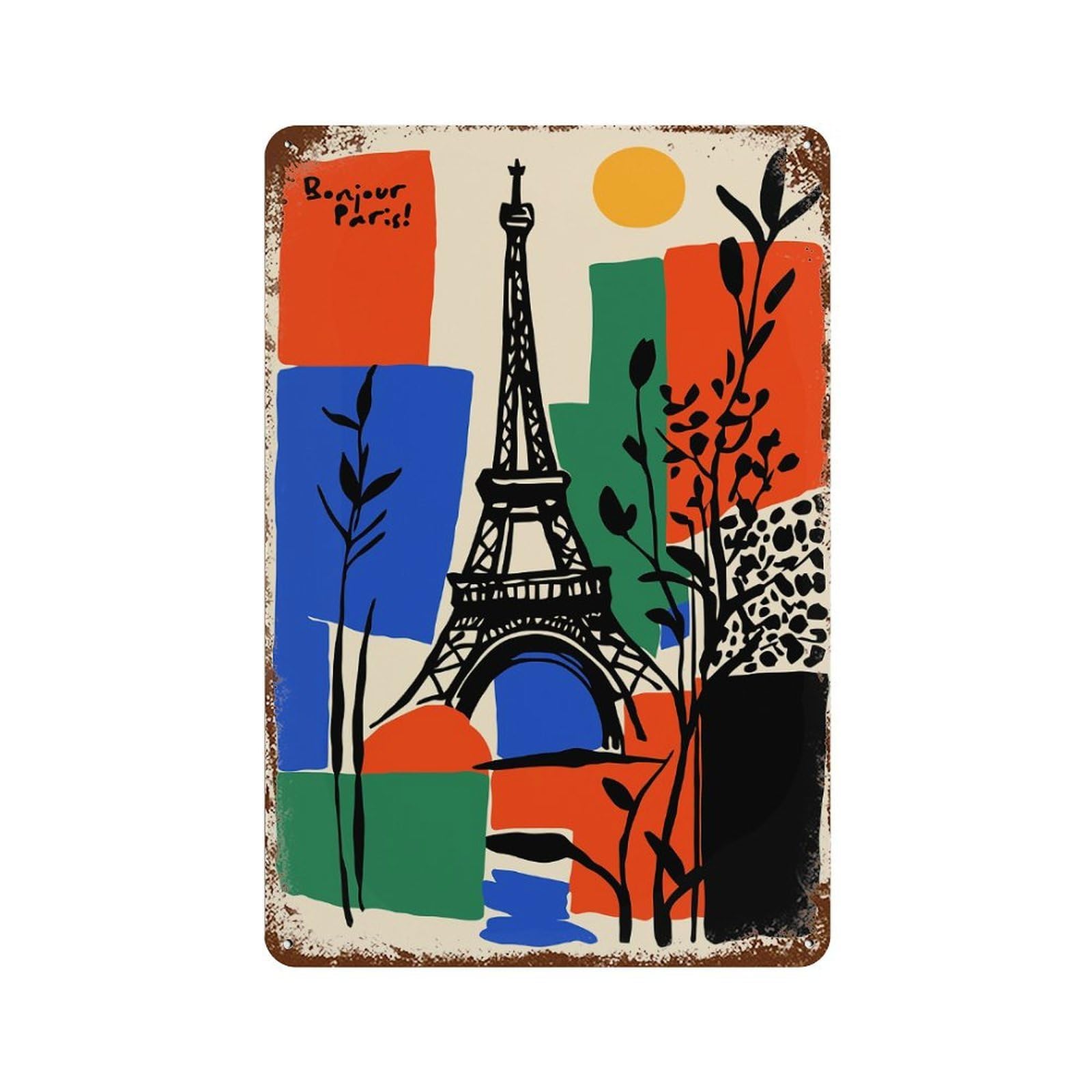 Bonjour Paris Eiffel Tower Art Rustic Tin Plaque 11.8"x7.9", for Pub, Kitchen And Man Cave Decor, Vintage Wall Decor