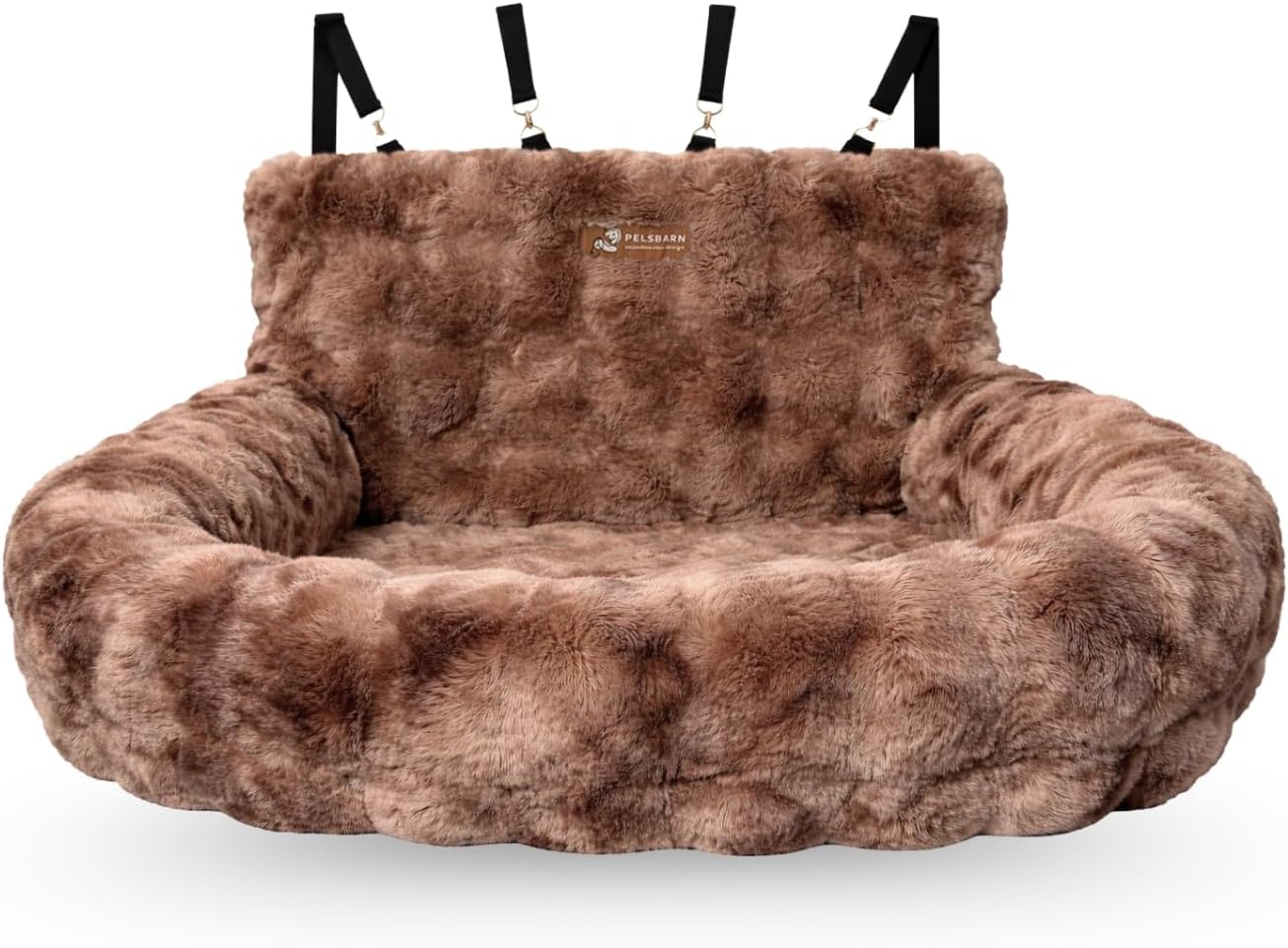 Pelsbarn Luxurious Cozy Car Bed - M/L Luxury Travel Dog Bed with Safety Belt - Ultra Soft Faux Fur - Brown