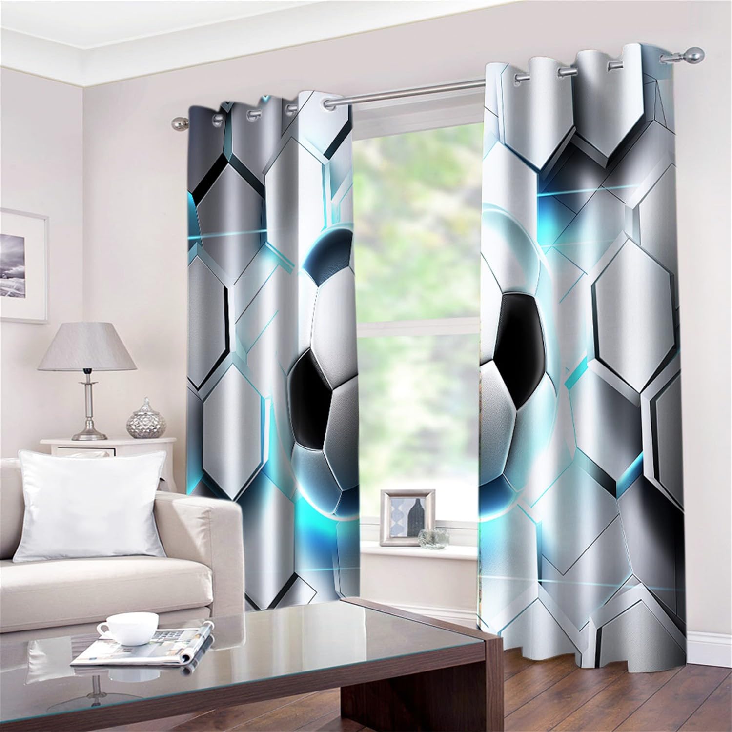 Lot de Rideaux Occultants à Oeillets Isolant Thermique Anti Froid Ballon de Foot Hexagonal animé Imprimés Blanc, Rideaux Salon Chambre pour Enfant Garcon, 110L X 215H cm (2 Panneaux)