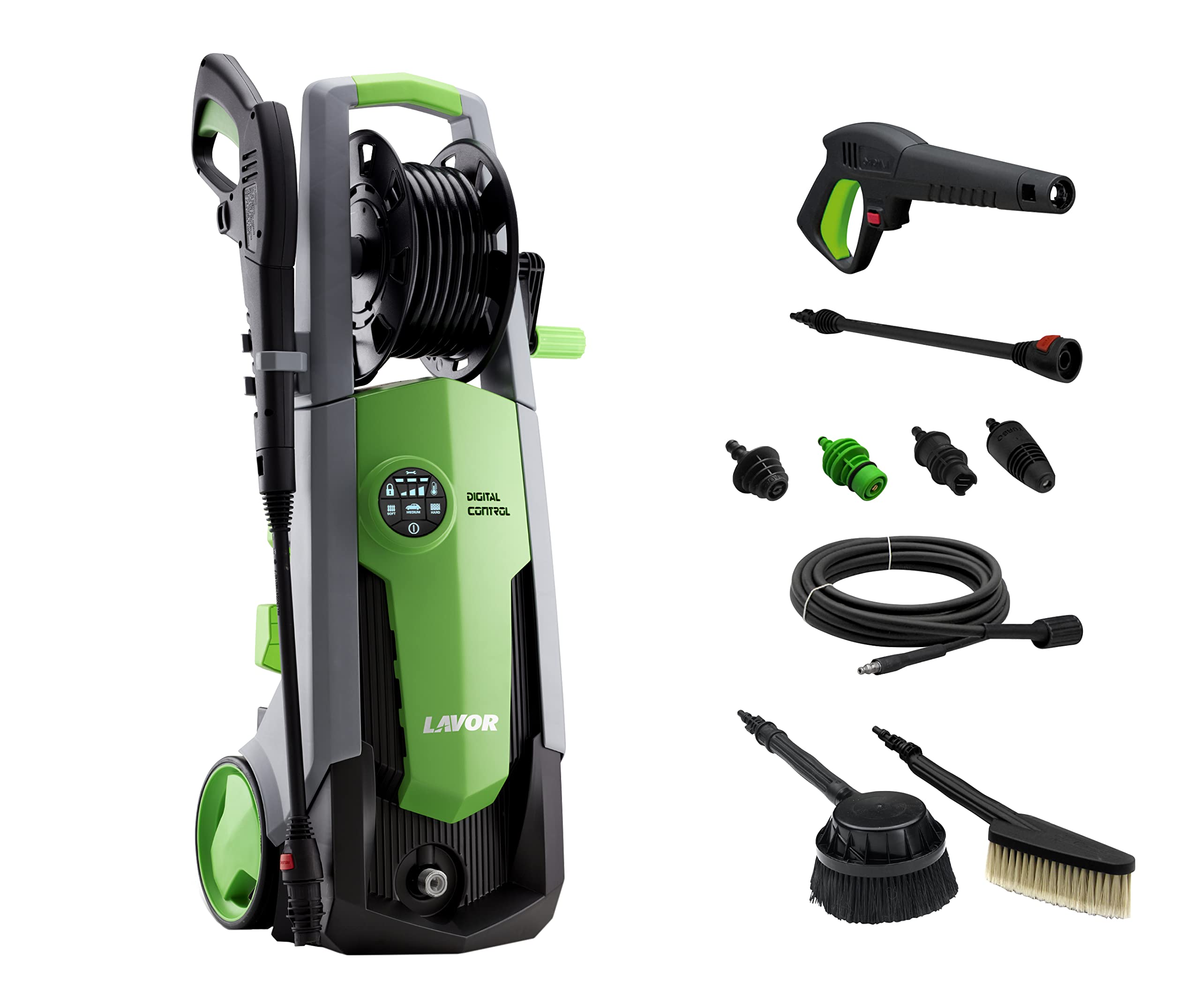 Lavor Hidrolimpiadora de Alta Presión PREDATOR 180 DIGIT con Sistema de Control Digital, Programas de Lavado WPS, Enrollador de Manguera, dos Cepillos, Presión 180 bar max, Caudal 510 l/h max, 2500W