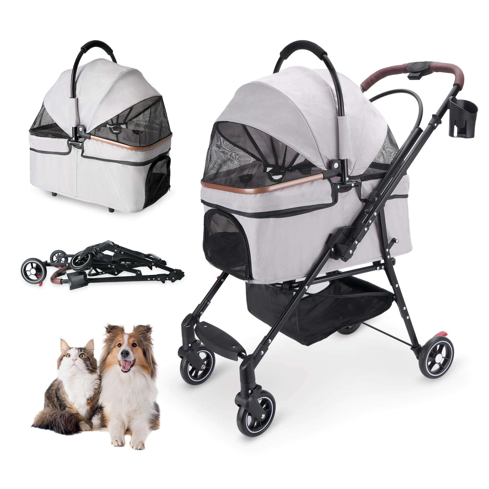 Pet Stroller for Small Dogs & Cats, Foldable Dog Stroller with 360° Swivel Wheels, Suspension, Adjustable Canopy, Storage Basket & Cup Holders