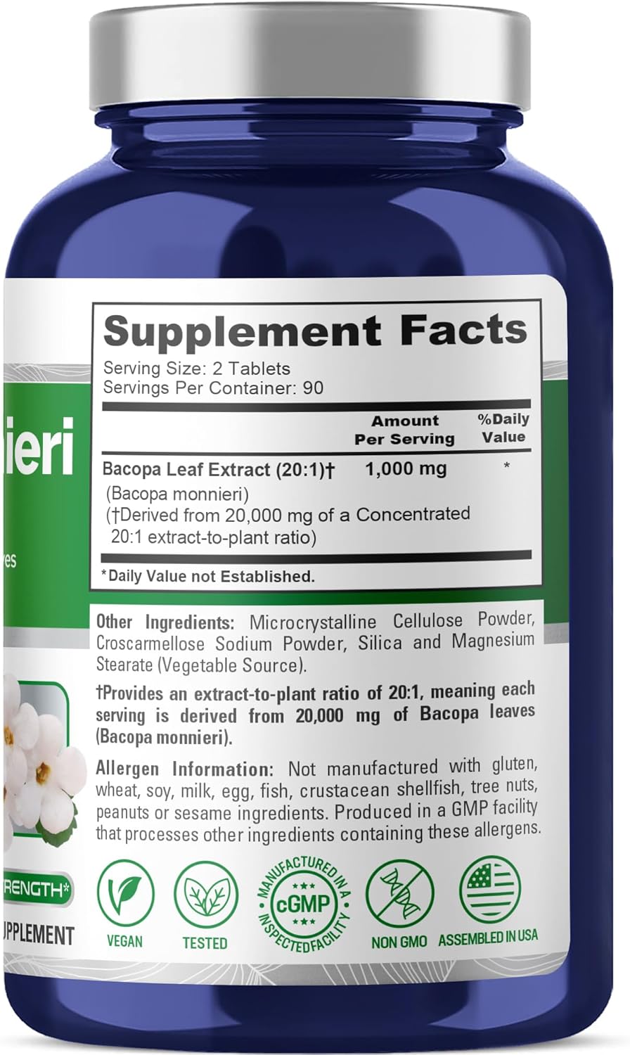 NusaPure Bacopa Leaf Monnieri Extract 20,000 mg 180 Tablets (Extract 20:1, Non-GMO, Gluten Free & Vegan) - Image 2