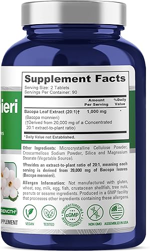 Miniatura 2 de NusaPure Bacopa Leaf Monnieri Extract 20,000 mg 180 Tabletas (Extracto 20:1, Sin OGM, Sin Gluten)