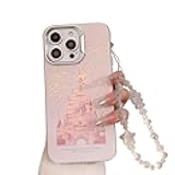 Pretaco for iPhone 16 Pro Max Case, [Deluxe Fashion Pink Case][Laser 3D Fireworks Castle Case][Premium Case with Bracelet] PC+TPU Shockproof and Drop Resistant for Women and Girls
