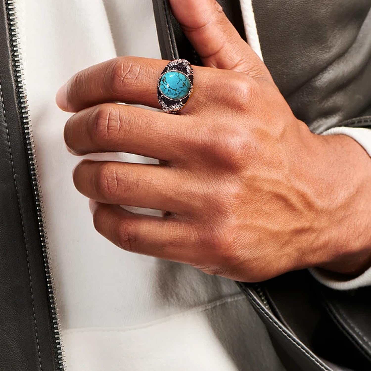 Real Turquoise Eagle Ring for Men 925 Sterling Silver Black Vintage Statement Rings Jewelry with Genuine Natural Gemstone for Him Husband - Image 3