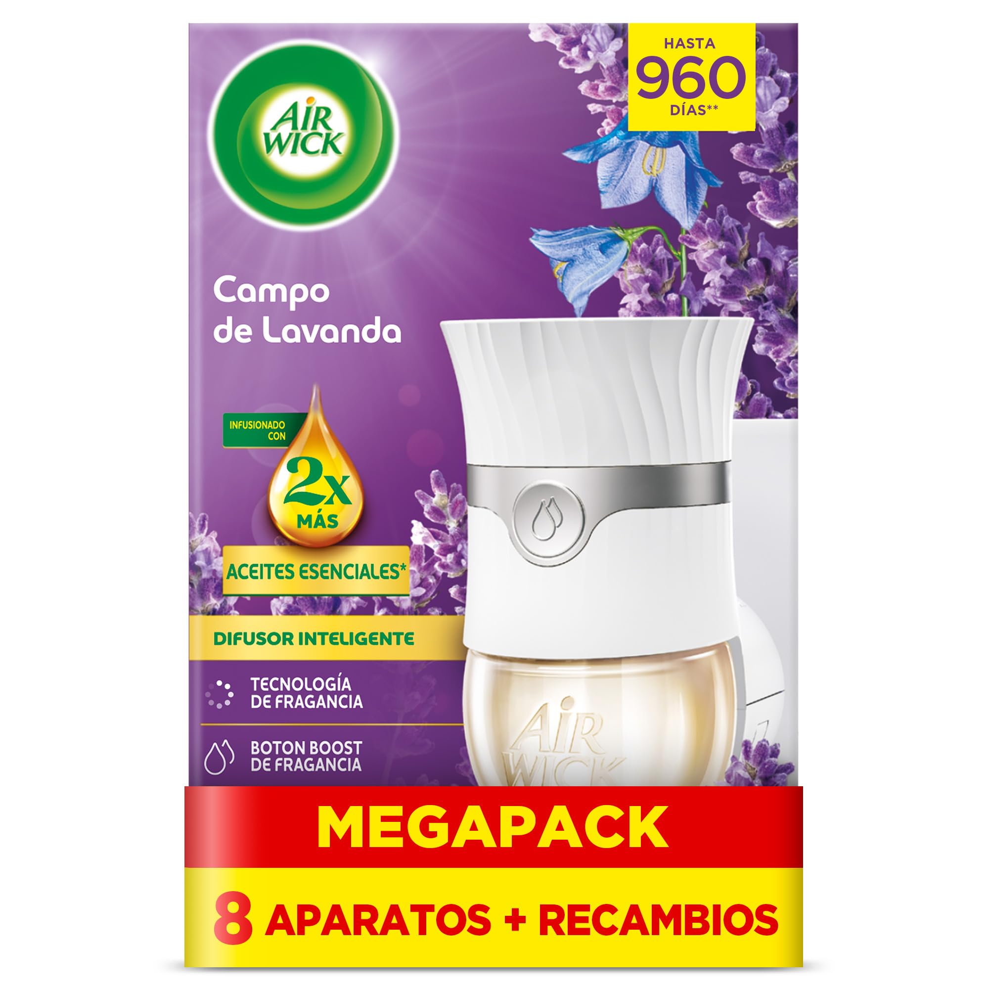 Air Wick Eléctrico Aparato y recambio de ambientador automático eléctrico, con aroma a Lavanda - 8 Aparatos + 8 Recambios, El embalaje puede variar