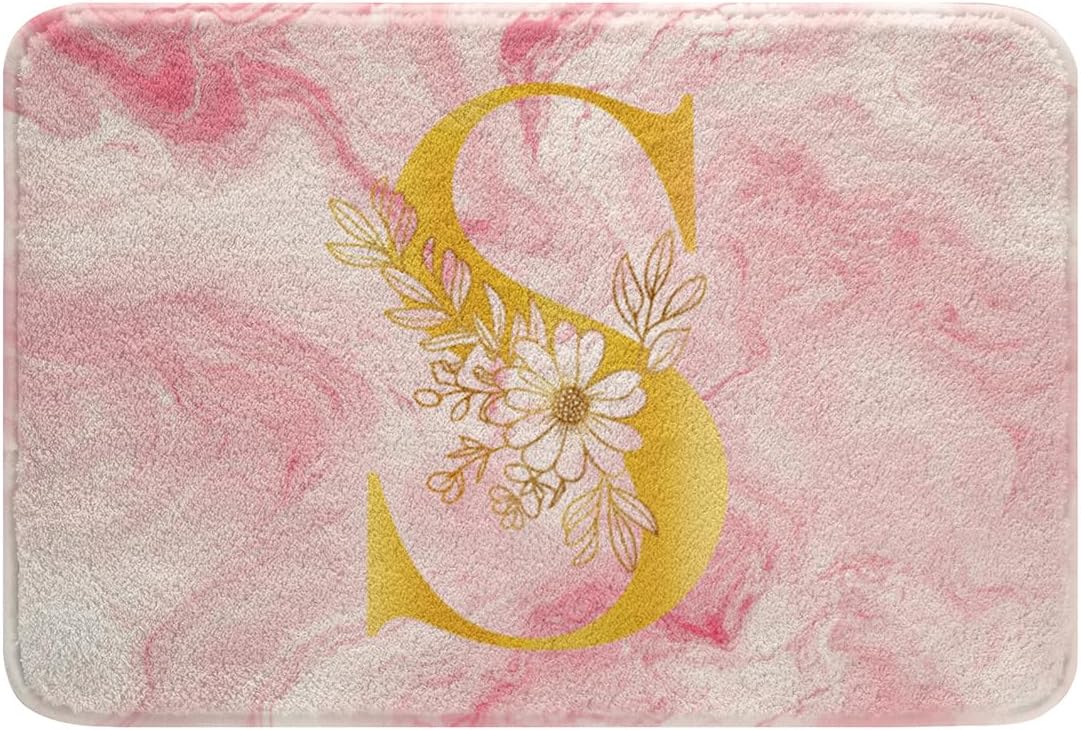 jejeloiu Marble Abstract Art Bathroom Rugs Simple Modern Bath Mats Rose Flower Alphabet Personalized Initial Letter S Pink Bathroom Accessories Floor Doormats 16"x24" Soft Microfiber