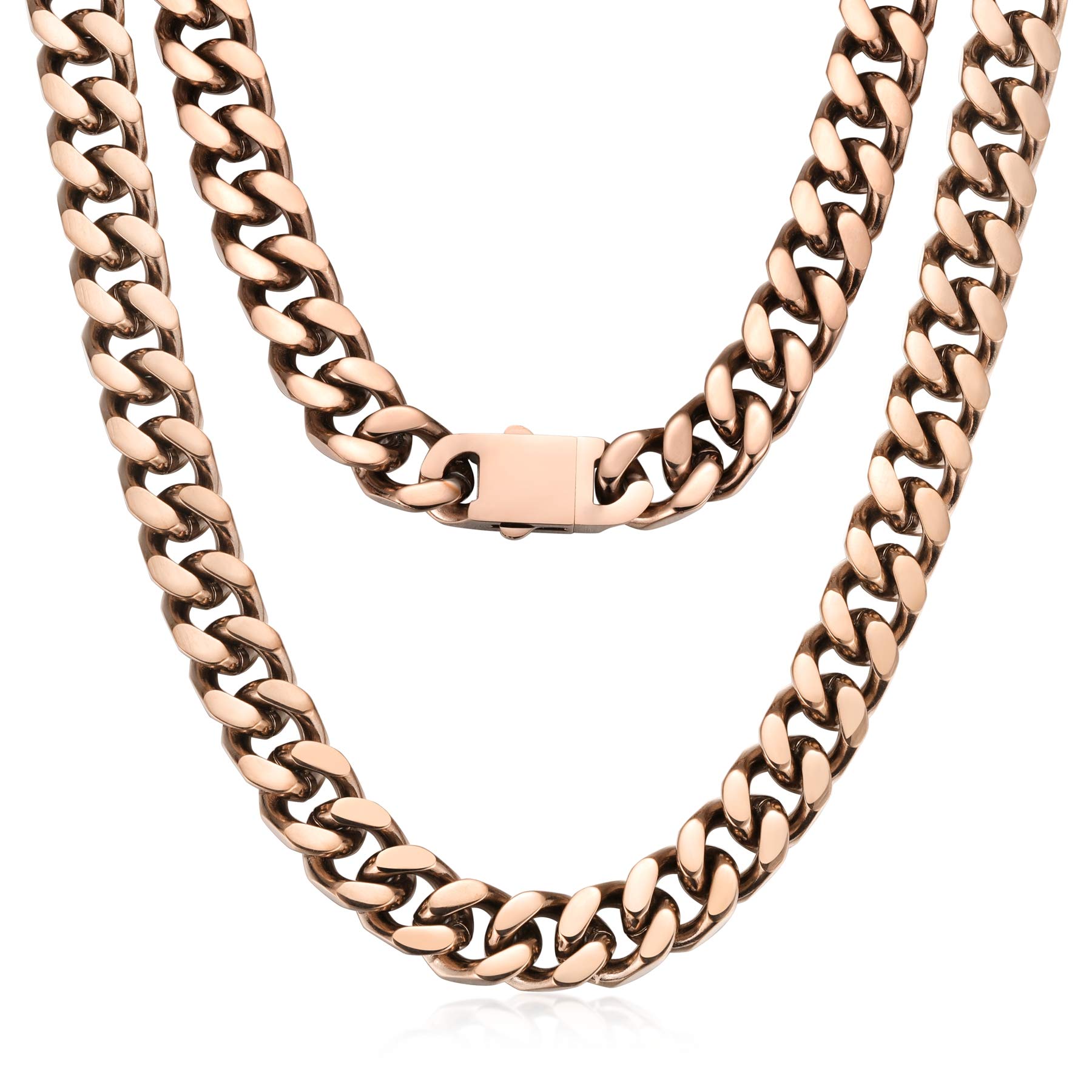 ROWIN&COStainless Steel Curb Cuban Chain Necklaces for Men Women, Black/18K Gold Plated/Rose Gold, Nickel-free, Hypoallergenic Jewelry, Miami Cuban Link Chain, 15mm/18 to 35 inch.