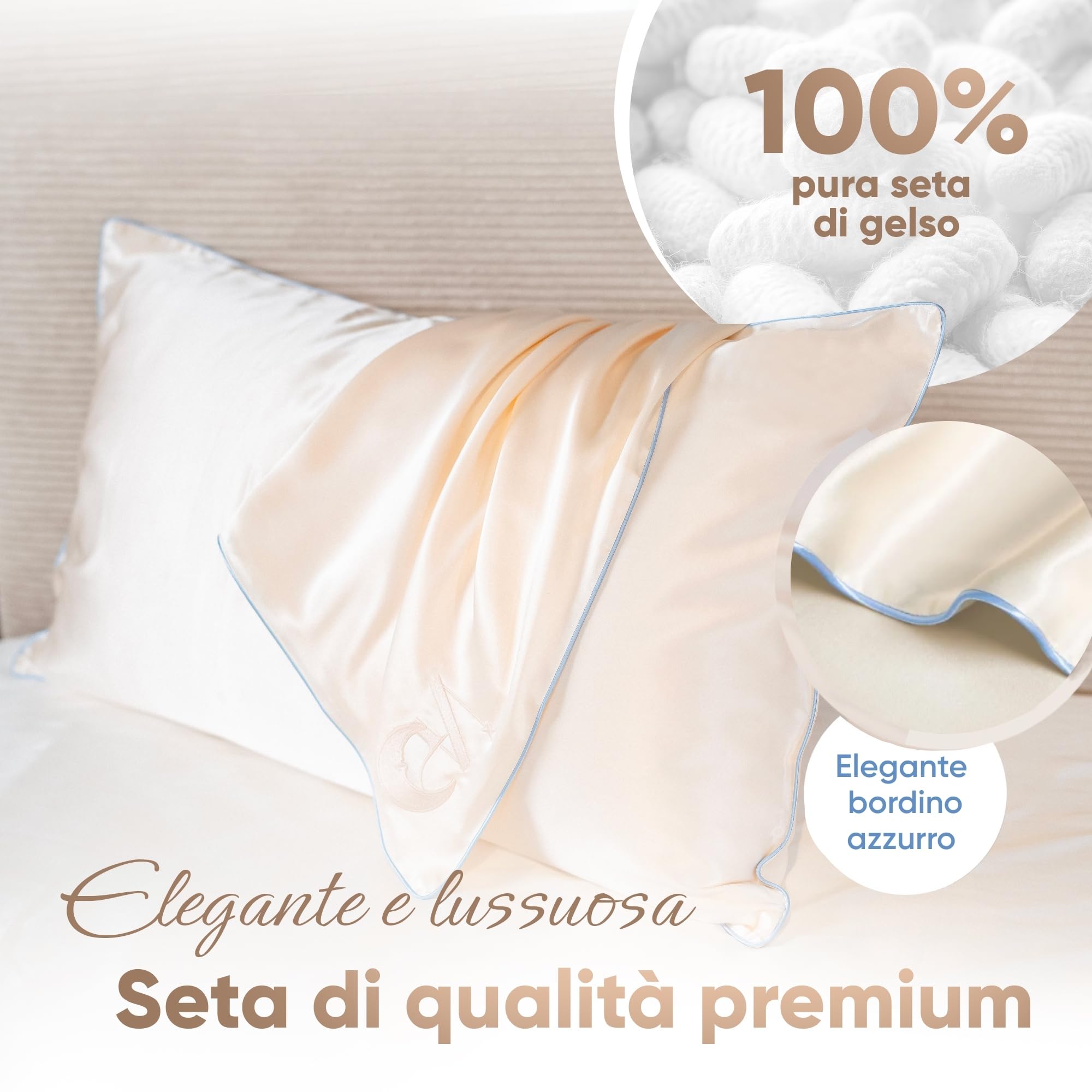 Federa Seta Cuscino 50x80 6A, 22 momme | Certificata da Dermatologi per Pelle e Capelli | Federa in seta per capelli | Benefici concreti per pelle e capelli (Light Champagne - bordo Azzurro)