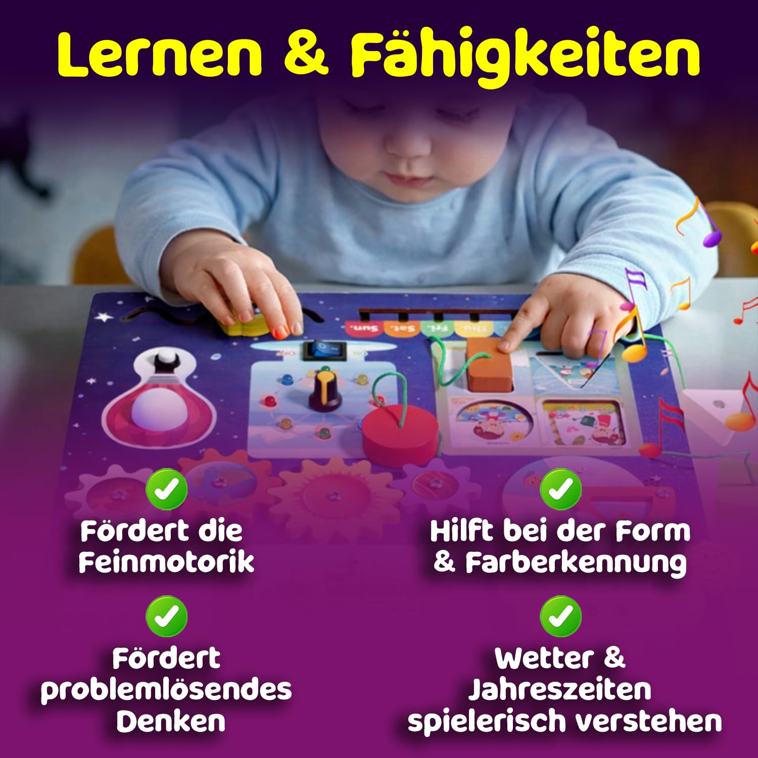 Busy Board für Kleinkinder | Montessori Spielzeug Weltraum Holz | Sensorik Motorikbrett mit LED Licht & Schaltern | Lernspielzeug zur Förderung der Feinmotorik | Jungen & Mädchen Geschenk, Blau